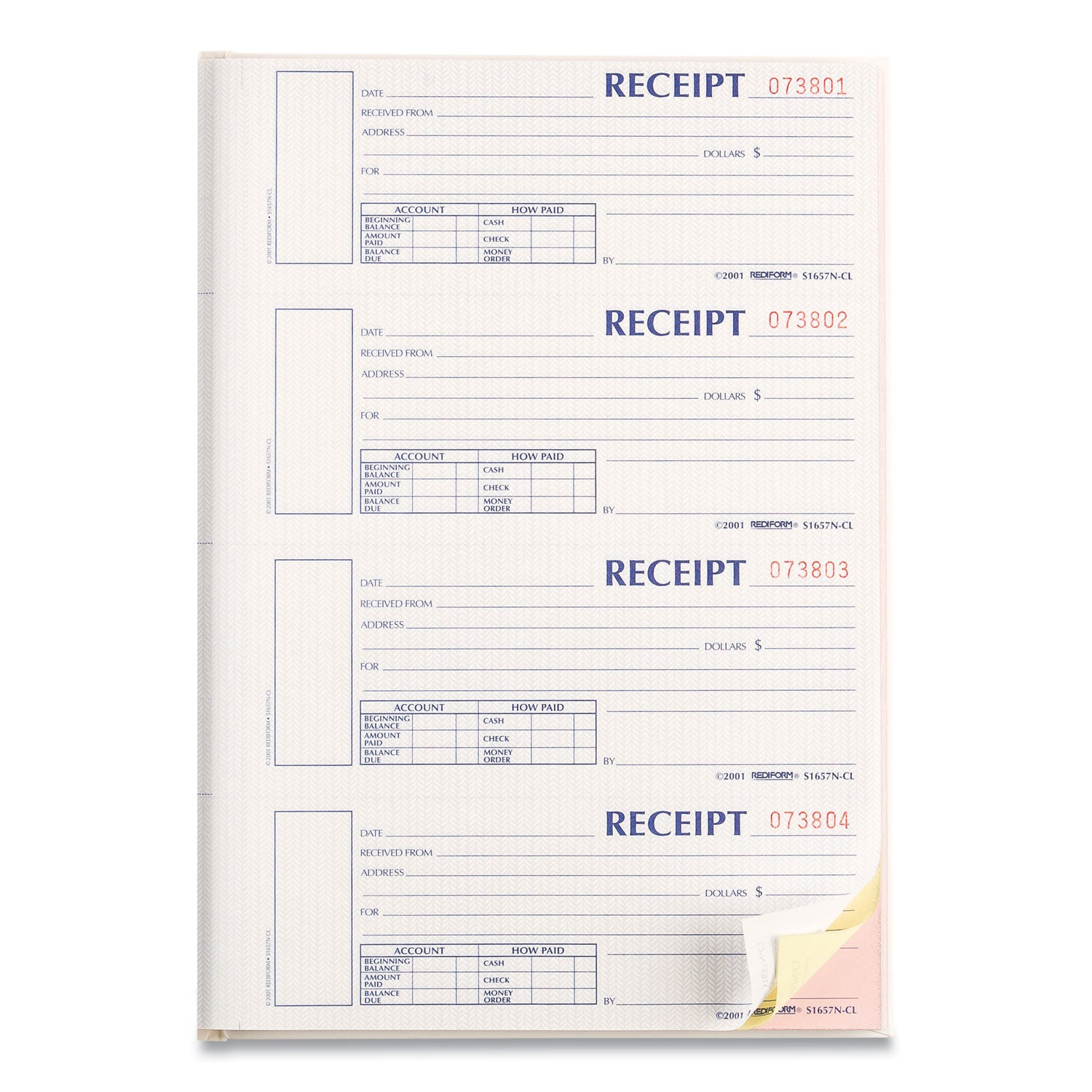 200 Sheet(s) - 3 Part - Carbonless Copy - 2.75" x 6.87" Form Size - 8" x 11" Sheet Size - White, Canary, Pink - Red Print Color - 1 Each