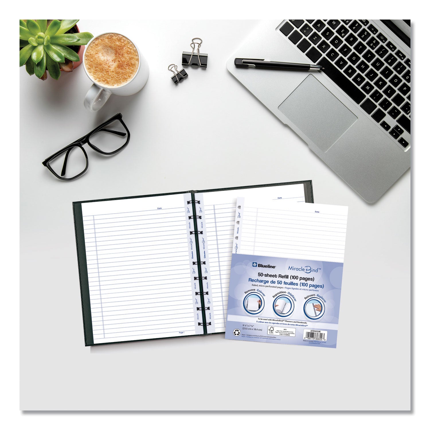 50 Sheets - 100 Pages - Ruled Margin - 9 1/4" x 7 1/4" Sheet Size - White Paper - Micro Perforated, Repositionable, Acid-free, Punched, Removable - Recycled - 50 Pack