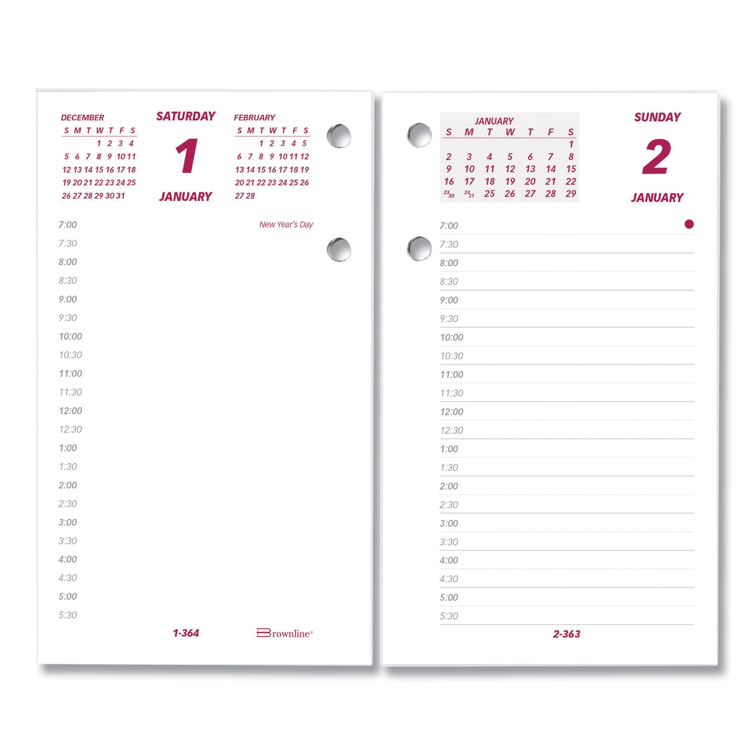 Daily - 12 Month - January 2026 to December 2026 - 7:00 AM to 6:30 PM - Half-hourly - 1 Day Double Page Layout - 6" x 3 1/2" Sheet Size - White - Paper - Reference Calendar, Unruled - 1 Each