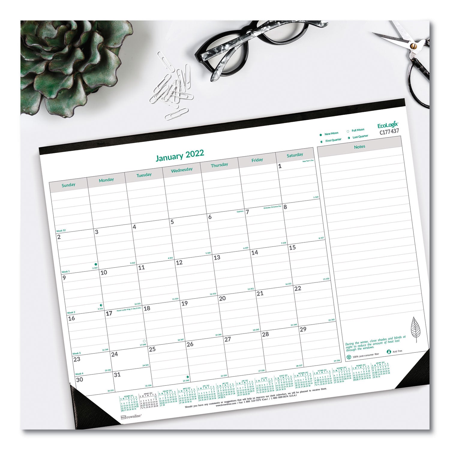 Monthly - 12 Month - January 2026 to December 2026 - 1 Month Single Page Layout - 22" x 17" Sheet Size - Desk Pad - Chipboard, Cardboard - Notepad, Reference Calendar - 1 Each