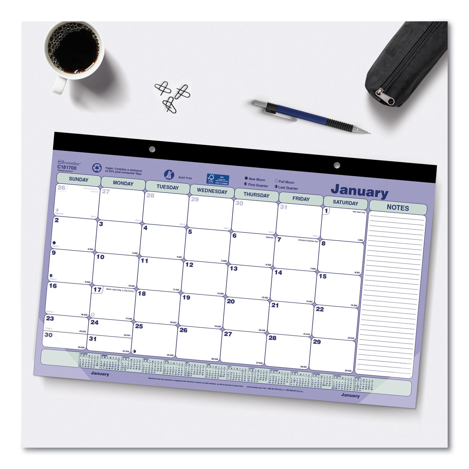 Monthly - 12 Month - January 2026 to December 2026 - 1 Month Single Page Layout - 17 3/4" x 10 7/8" Sheet Size - 2 x Holes - Desk Pad - Wall Mount - Blue, Green - Chipboard, Cardboard - Tear-off, Top Bound, Yearly Calendar, Reinforced Corner - 1 Each