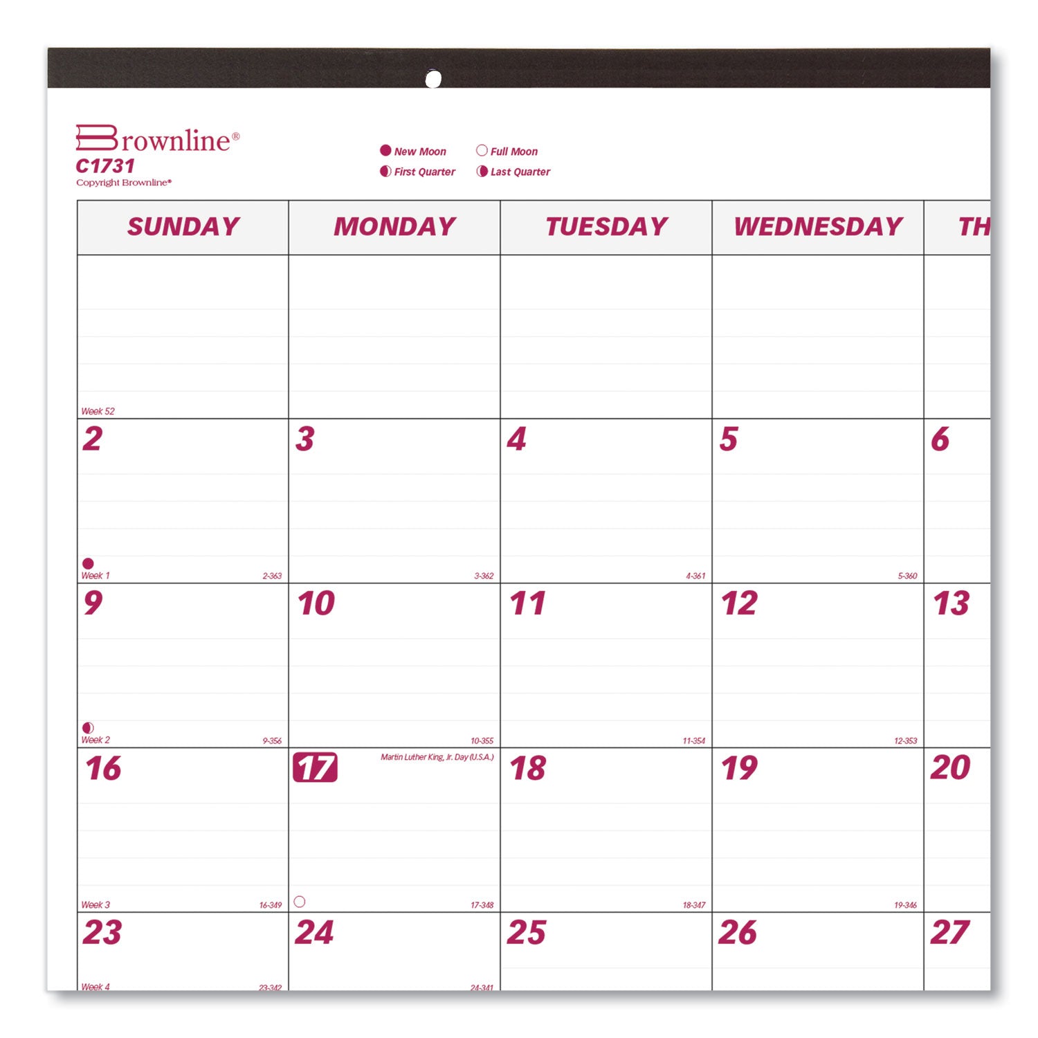 Julian Dates - Monthly - 1 Year - January 2026 to December 2026 - 1 Month Single Page Layout - 22" x 17" Sheet Size - Desk Pad - White - Paper - Eyelet, Tear-off, Reinforced - 1 Each
