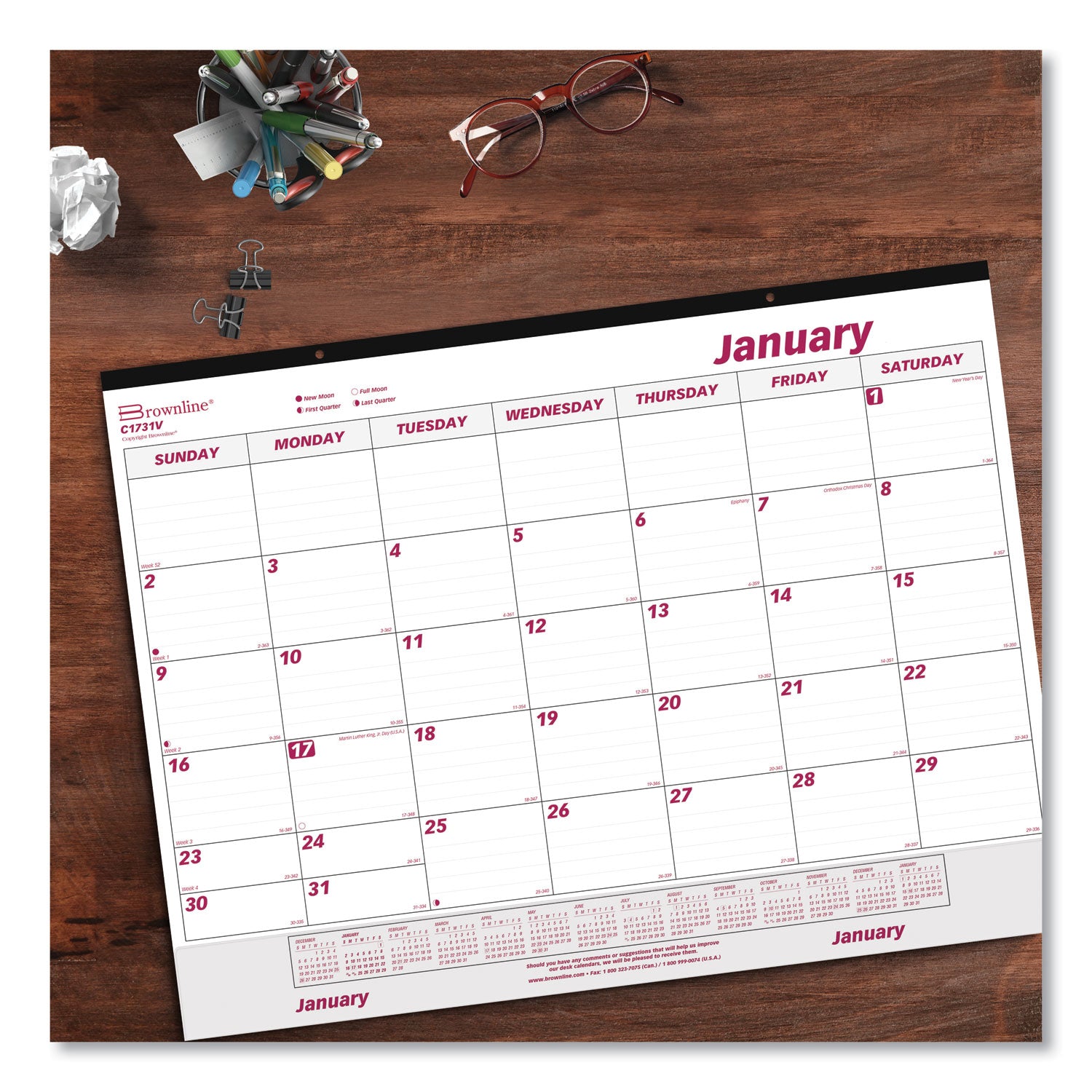 Julian Dates - Monthly - 12 Month - January 2026 to December 2026 - 1 Month Single Page Layout - 22" x 17" Sheet Size - Desk Pad - White - Chipboard - Tear-off, Reinforced, Perforated, Reference Calendar, Hole-punched - 1 Each
