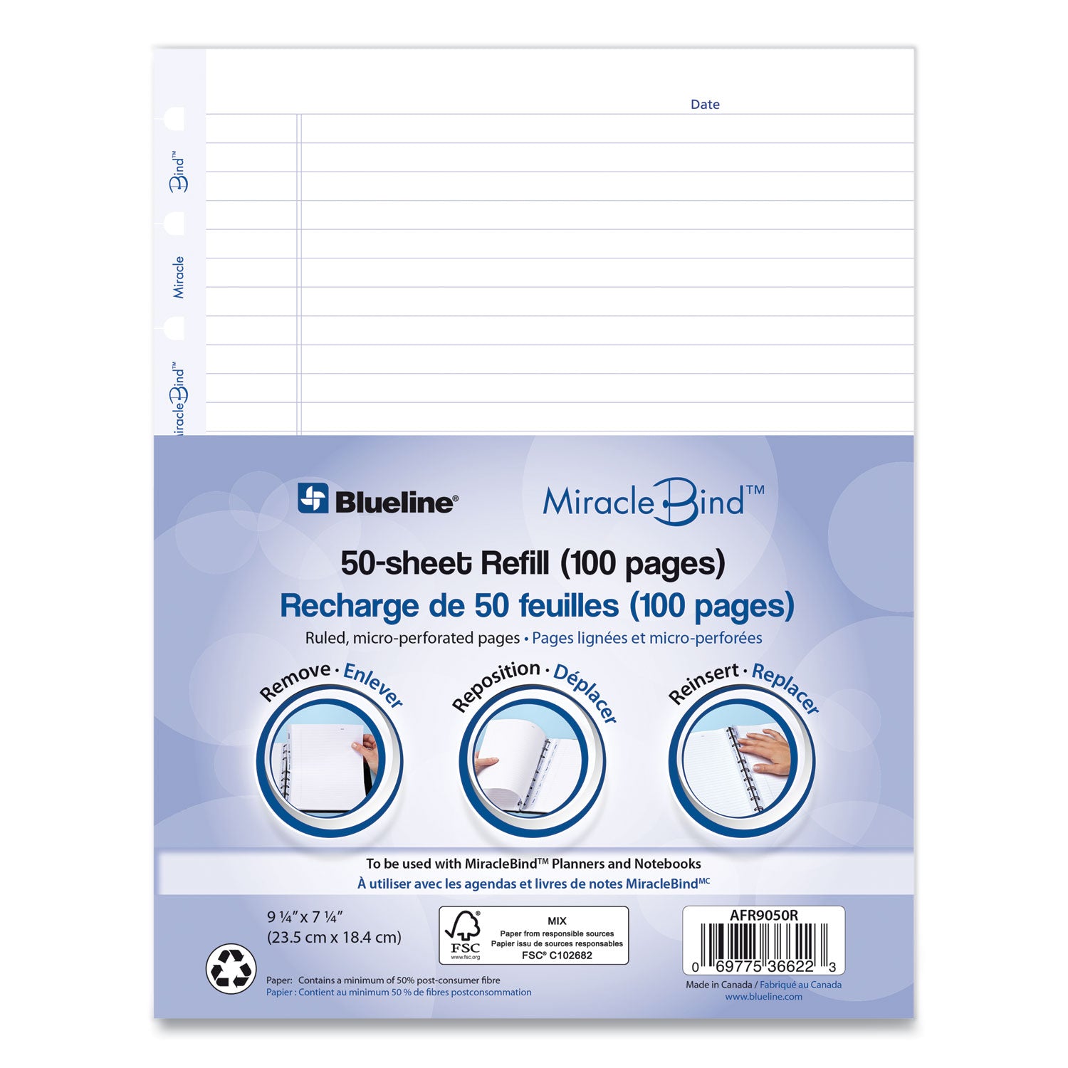 50 Sheets - 100 Pages - Ruled Margin - 9 1/4" x 7 1/4" Sheet Size - White Paper - Micro Perforated, Repositionable, Acid-free, Punched, Removable - Recycled - 50 Pack