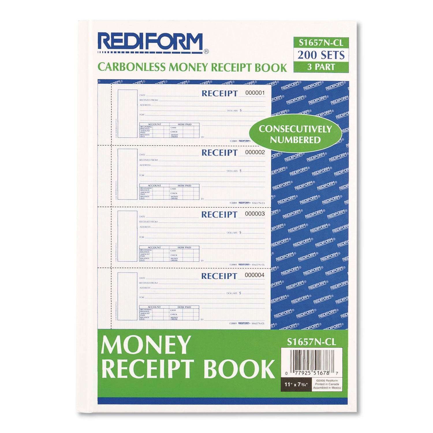200 Sheet(s) - 3 Part - Carbonless Copy - 2.75" x 6.87" Form Size - 8" x 11" Sheet Size - White, Canary, Pink - Red Print Color - 1 Each