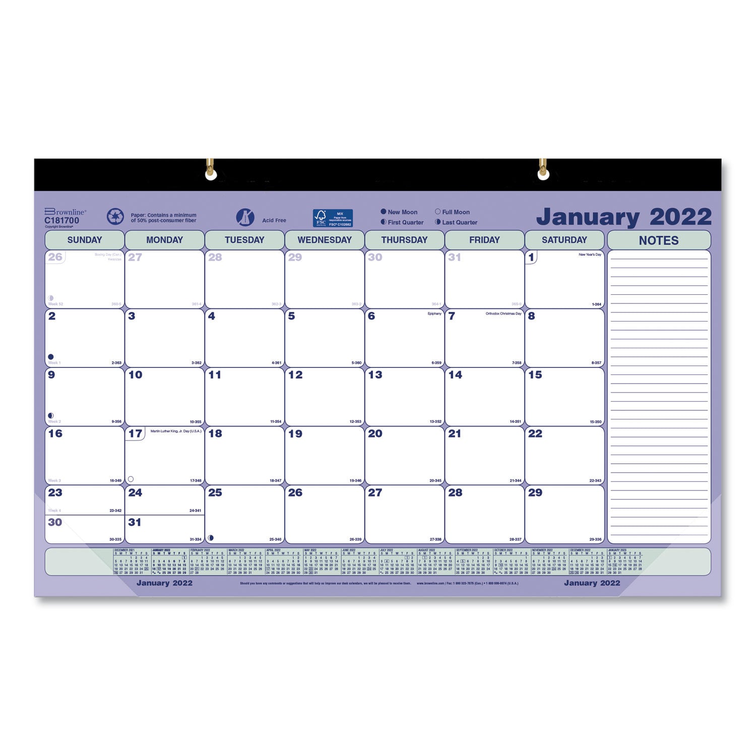 Monthly - 12 Month - January 2026 to December 2026 - 1 Month Single Page Layout - 17 3/4" x 10 7/8" Sheet Size - 2 x Holes - Desk Pad - Wall Mount - Blue, Green - Chipboard, Cardboard - Tear-off, Top Bound, Yearly Calendar, Reinforced Corner - 1 Each