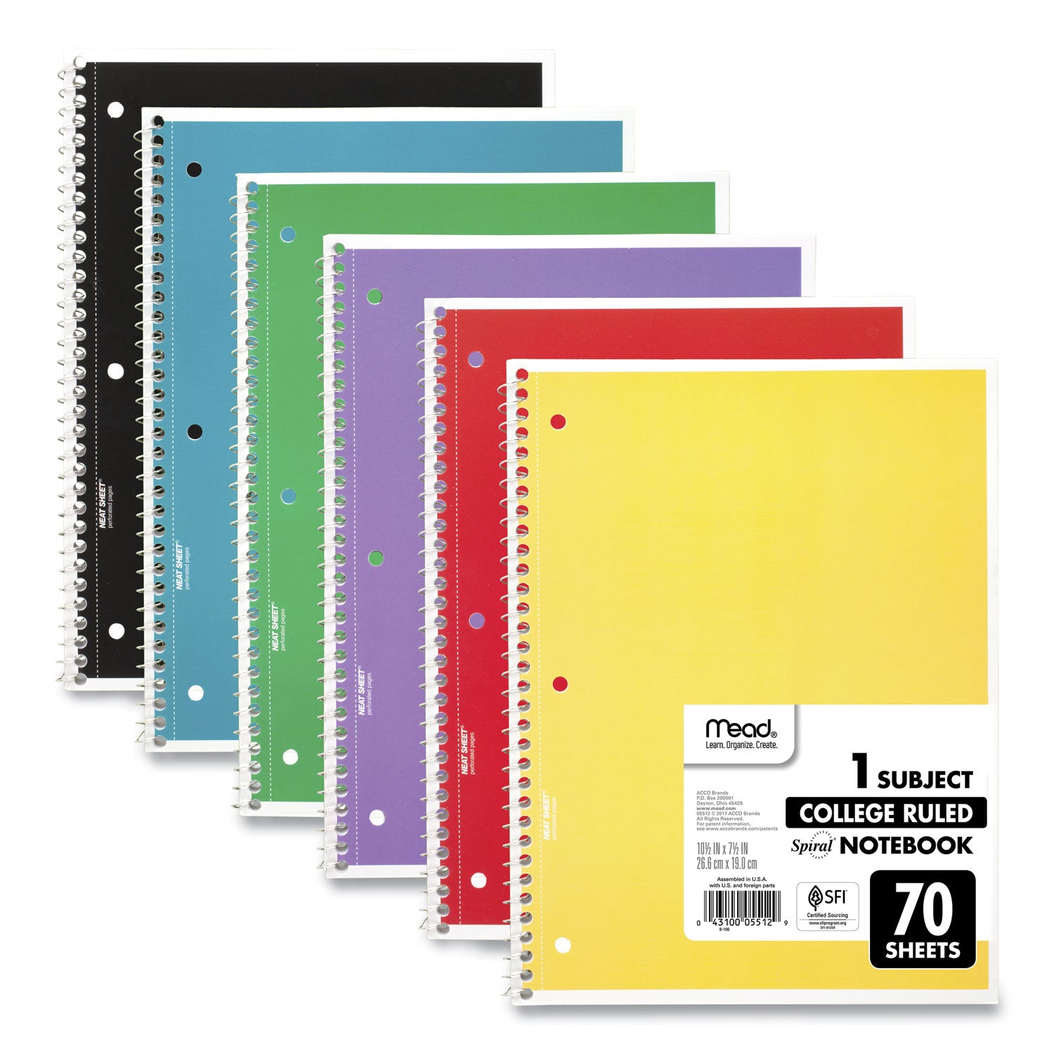 Mead Notebook, 1 Subject, 70 Sheets, College Ruled, 3-Hole Punched, 7.5" x 10.5", Assorted Colors, 6 Pack