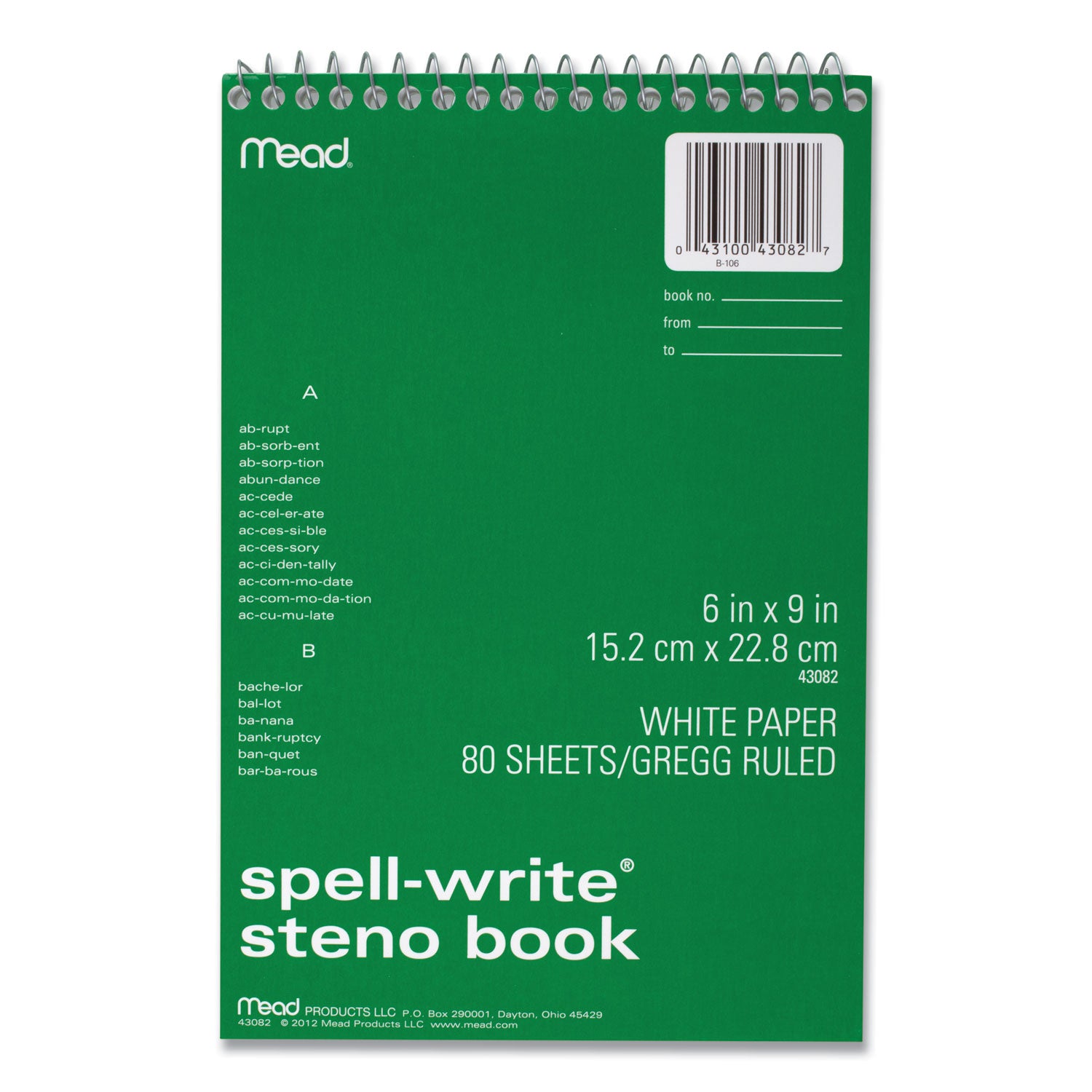 Mead Spell-Write Steno Book - 80 Sheets - 6" x 9" Sheet Size - White Paper - 1 Each
