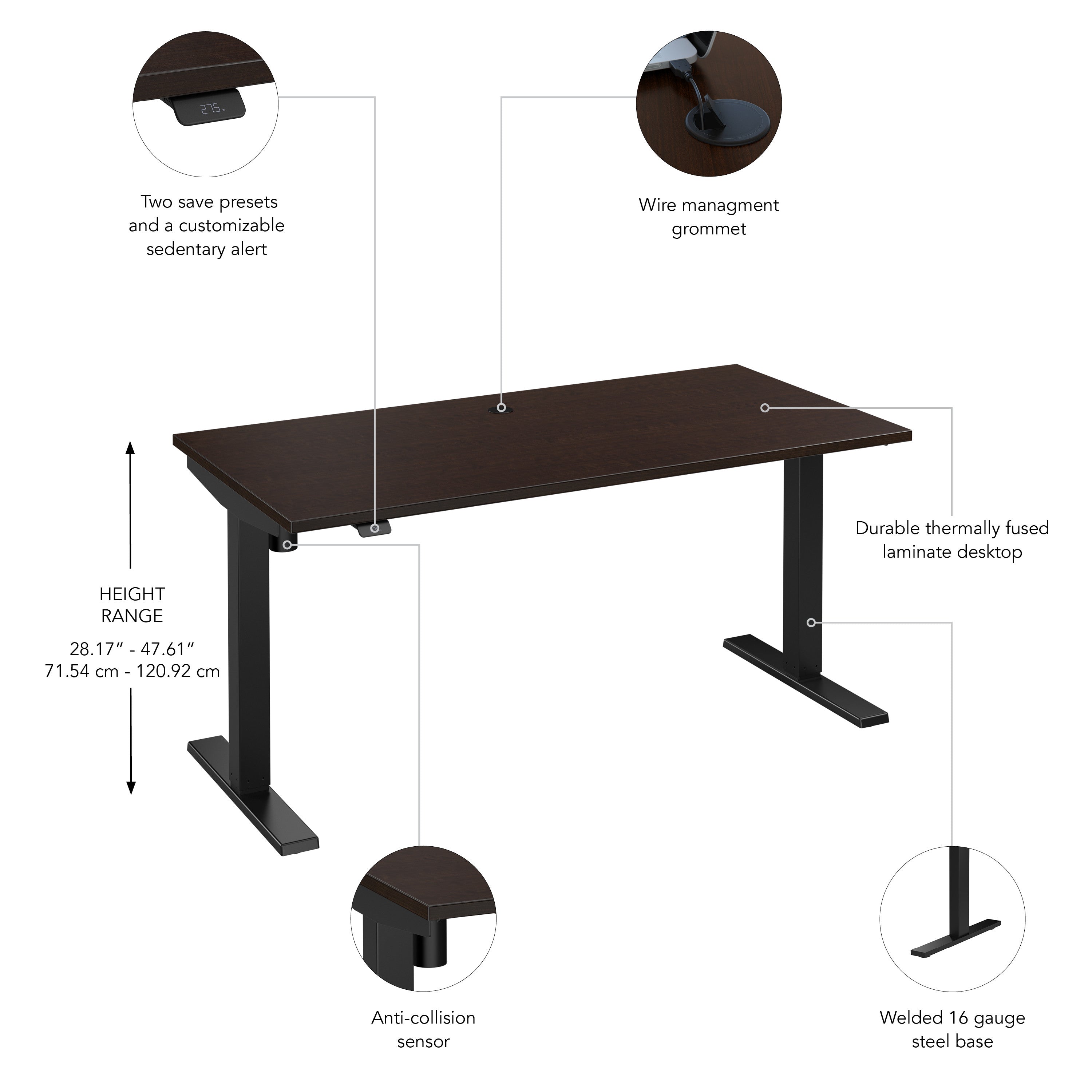 Bush Business Furniture Move 40 Series 60W x 30D Electric Height Adjustable Standing Desk in Mocha Cherry with Black Base - 59.45" Width x 29.37" Depth x 28.17" Height