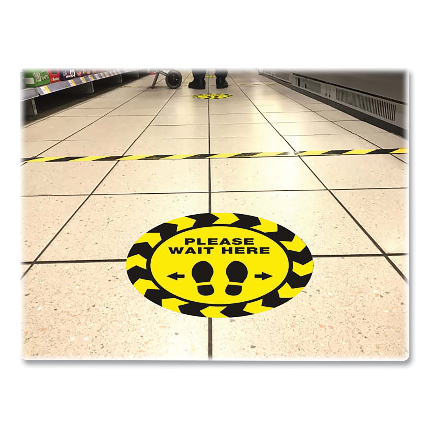 Social Distancing Floor Decals, 10.5" Dia, Please Wait Here, Yellow/black Face, Black Graphics, 5/pack
