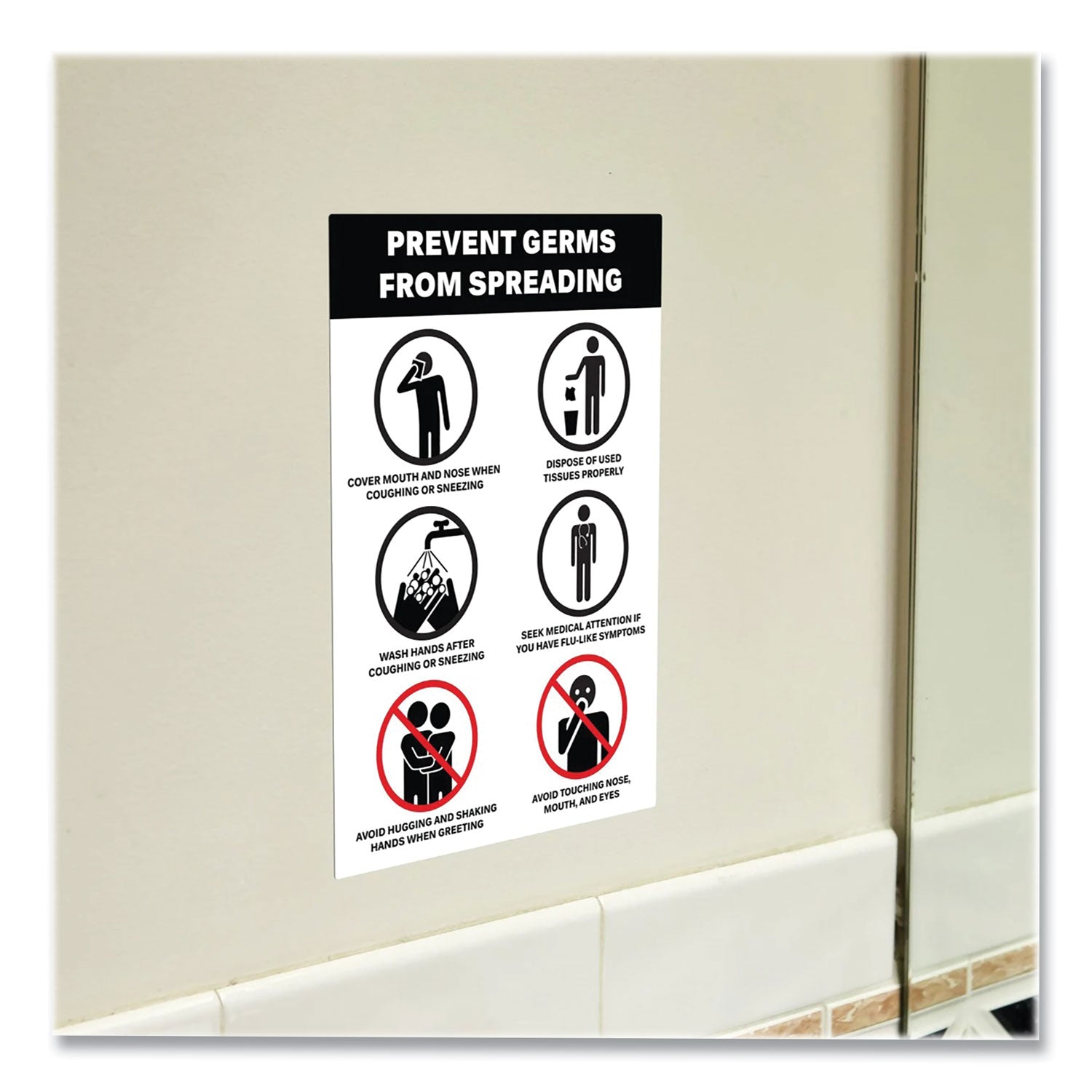 Preprinted Surface Safe Wall Decals, 7 X 10, Prevent Germs From Spreading, White/black Face, Black Graphics, 5/pack