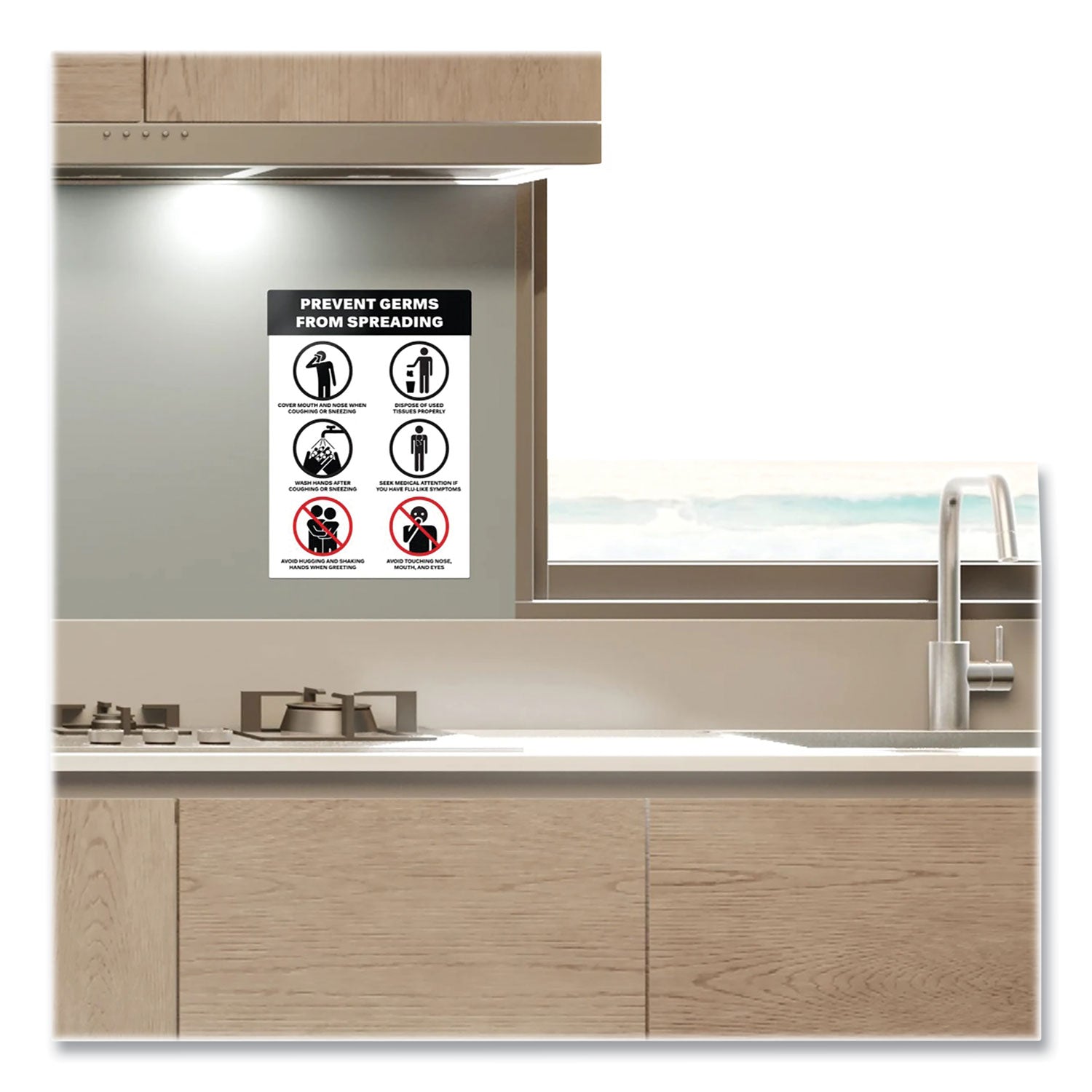 Preprinted Surface Safe Wall Decals, 7 X 10, Prevent Germs From Spreading, White/black Face, Black Graphics, 5/pack