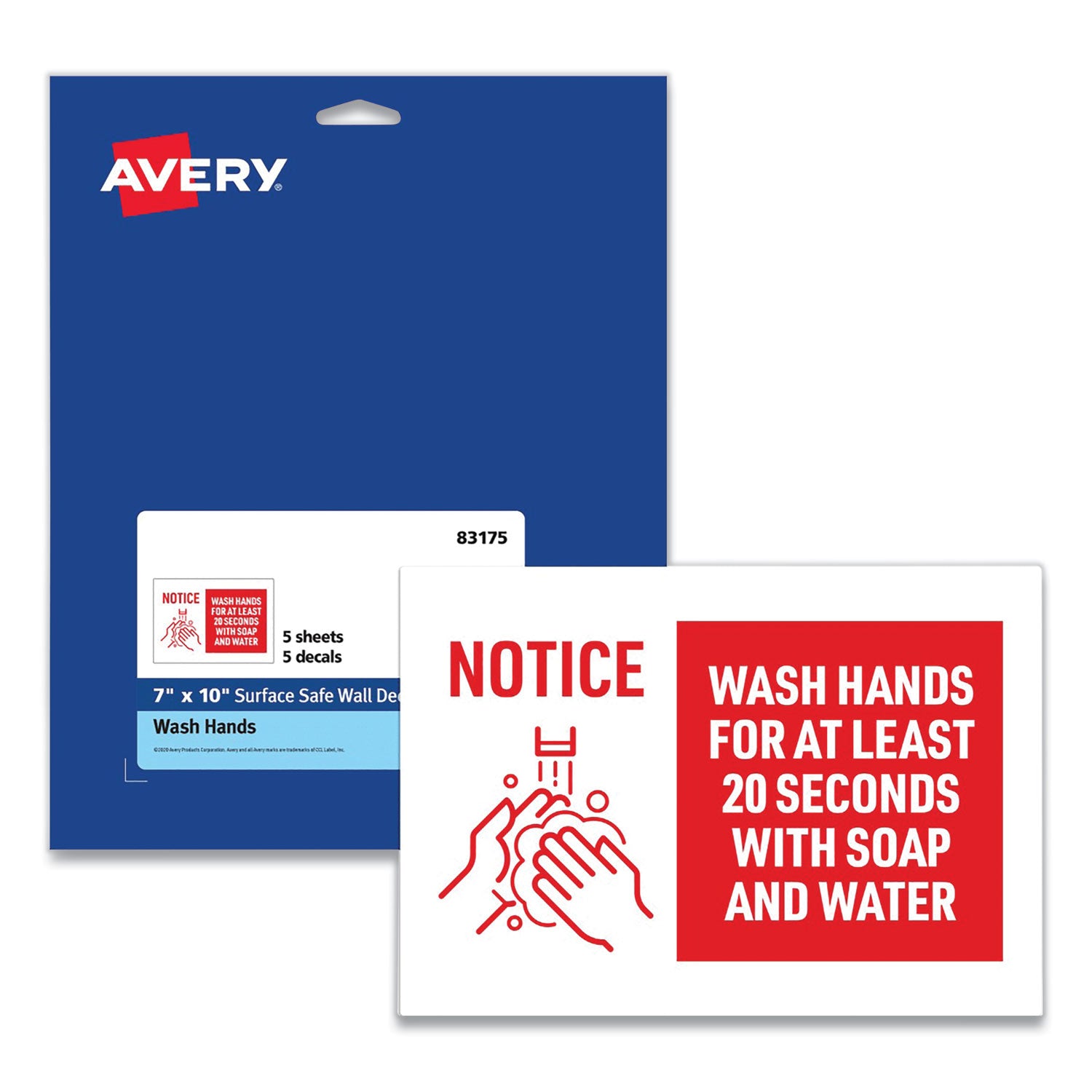 Preprinted Surface Safe Wall Decals, 10 X 7, Wash Hands For At Least 20 Seconds, White/red Face, Red Graphics, 5/pack