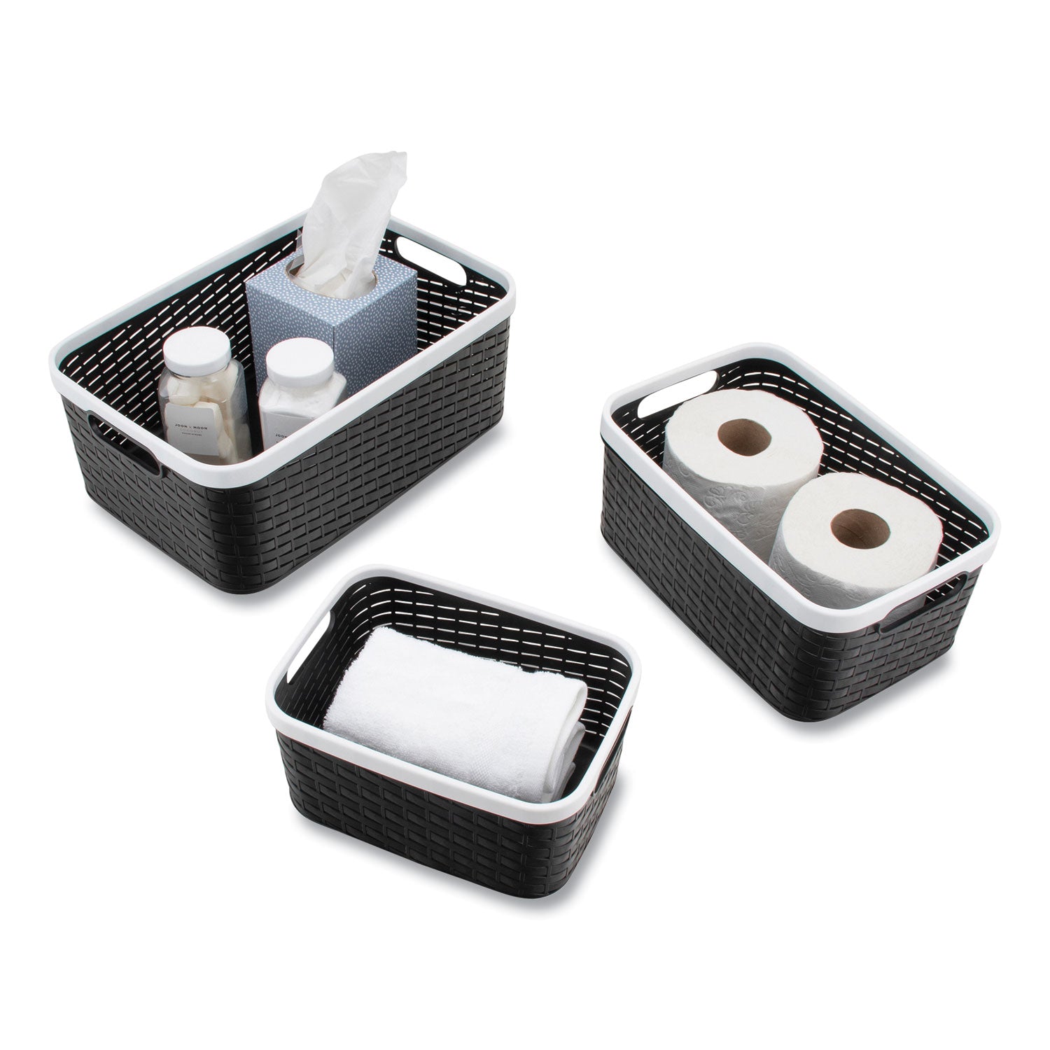 Open Lid Storage Bin, Assorted Sizes, Black/white, 3/pack