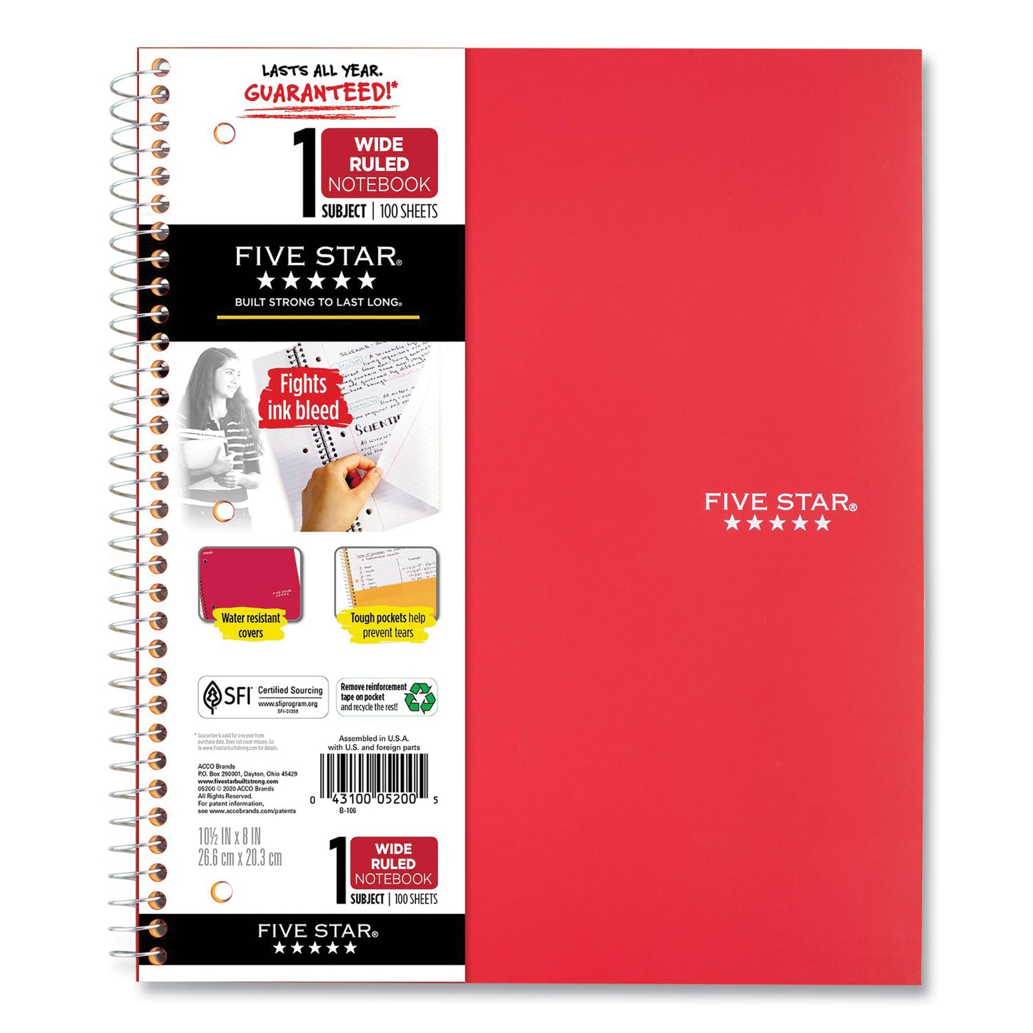Wirebound Notebook, 1-Subject, Wide/Legal Rule, Randomly Assorted Cover Color (Set 5), (100) 10.5 x 8 Sheets