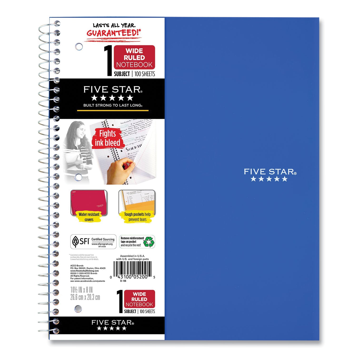 Wirebound Notebook, 1-Subject, Wide/Legal Rule, Randomly Assorted Cover Color (Set 5), (100) 10.5 x 8 Sheets