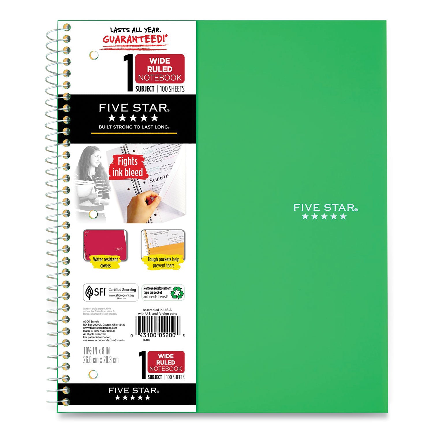 Wirebound Notebook, 1-Subject, Wide/Legal Rule, Randomly Assorted Cover Color (Set 5), (100) 10.5 x 8 Sheets