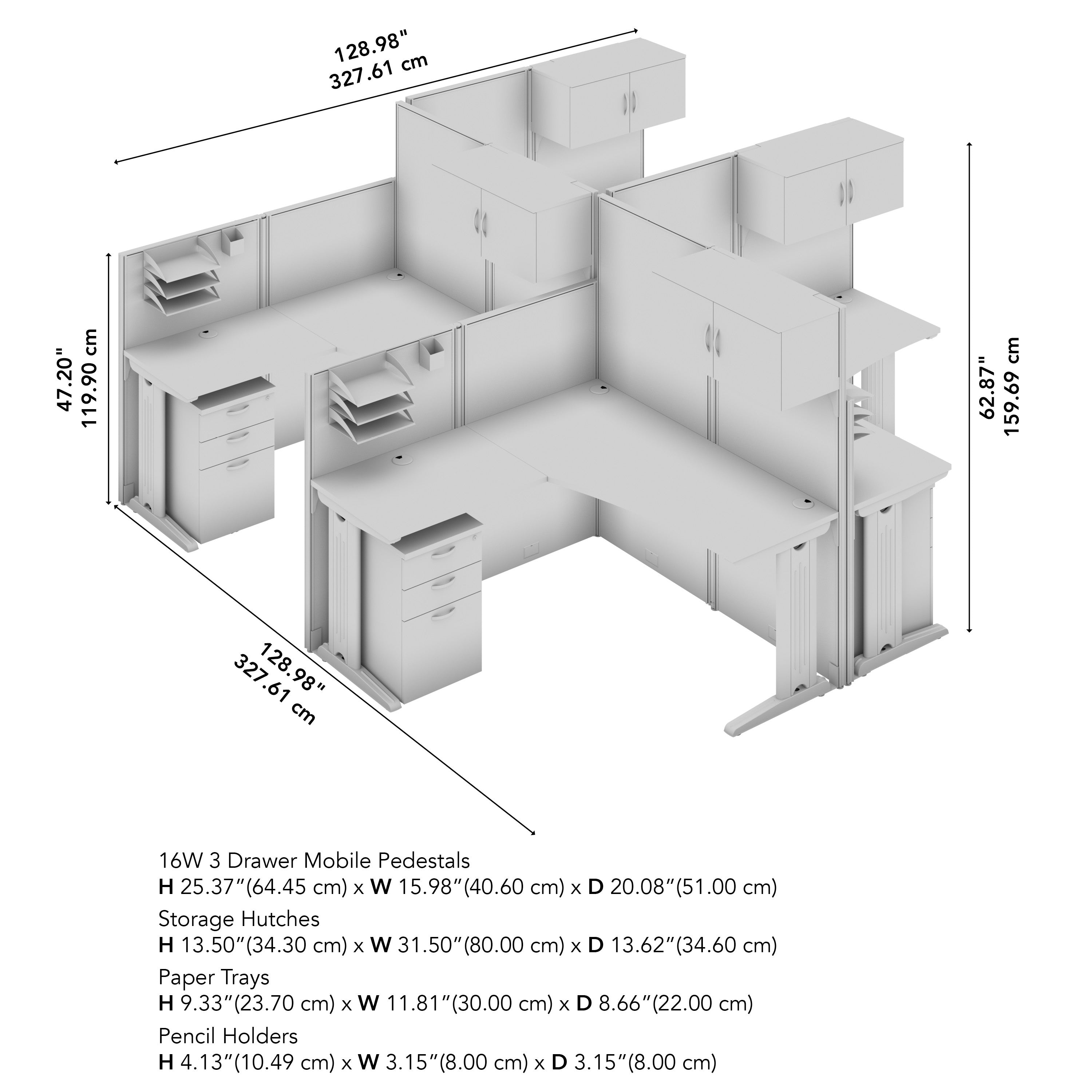 Bush Business Furniture Office in an Hour 4 Person L Shaped Cubicle Desks with Storage, Drawers, and Organizers in Mocha Cherry - 128.98" Width x 128.98" Depth x 62.87" Height