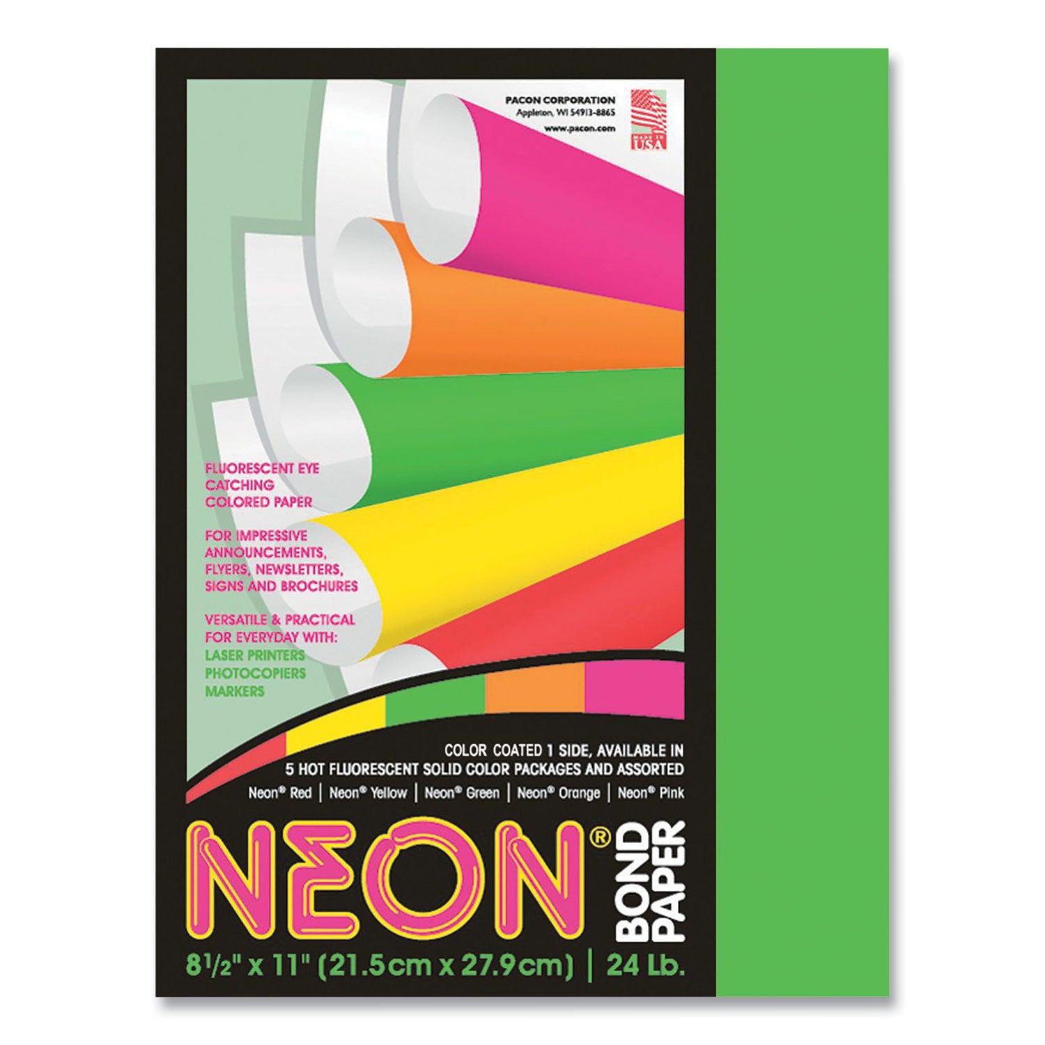 Letter - 8 1/2" x 11" - 24 lb Basis Weight - Sustainable Forestry Initiative (SFI) - Neon Green - 1 Pack