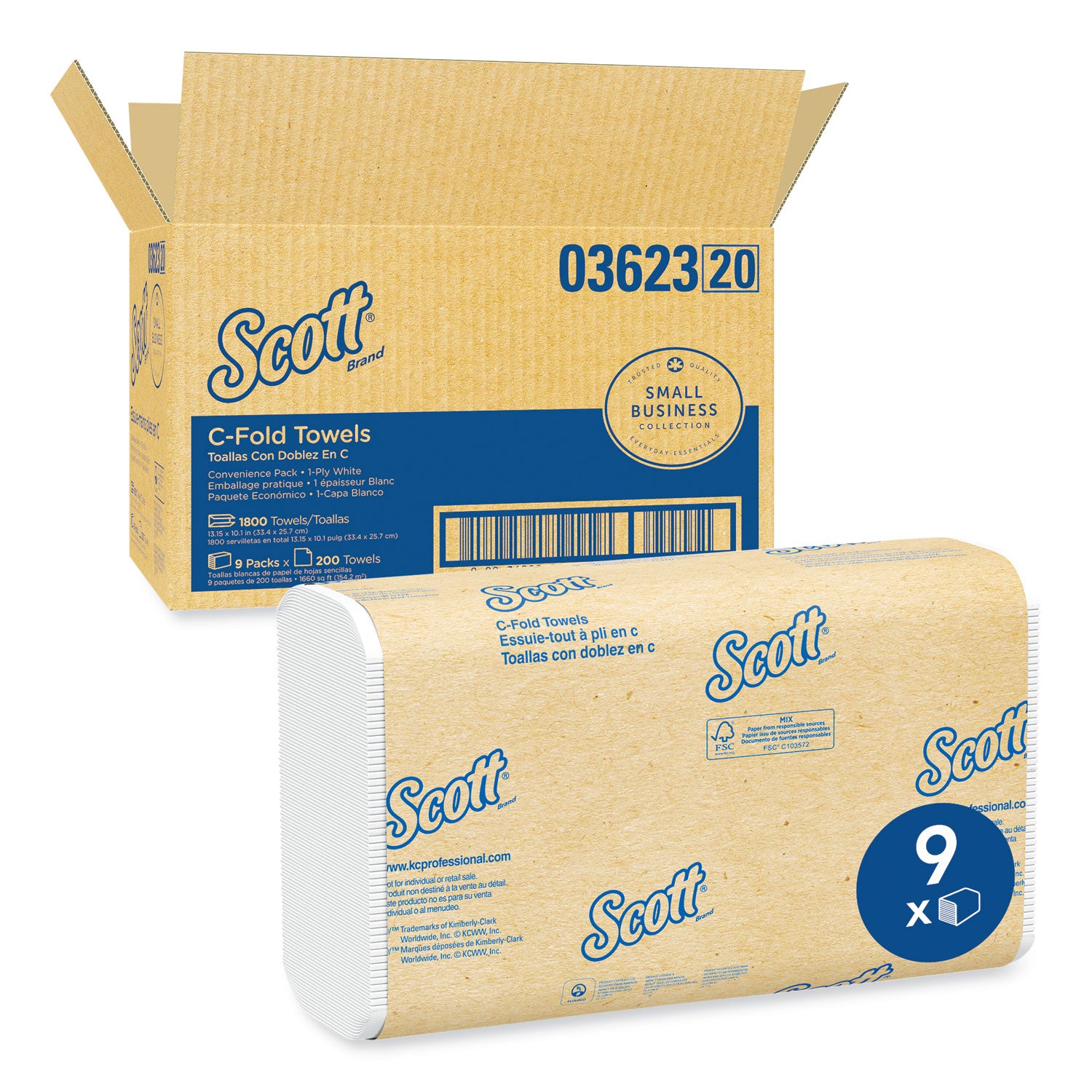 Essential C-Fold Towels for Business, Convenience Pack, 1-Ply, 10.13 x 13.15, White, 200/Pack, 9 Packs/Carton