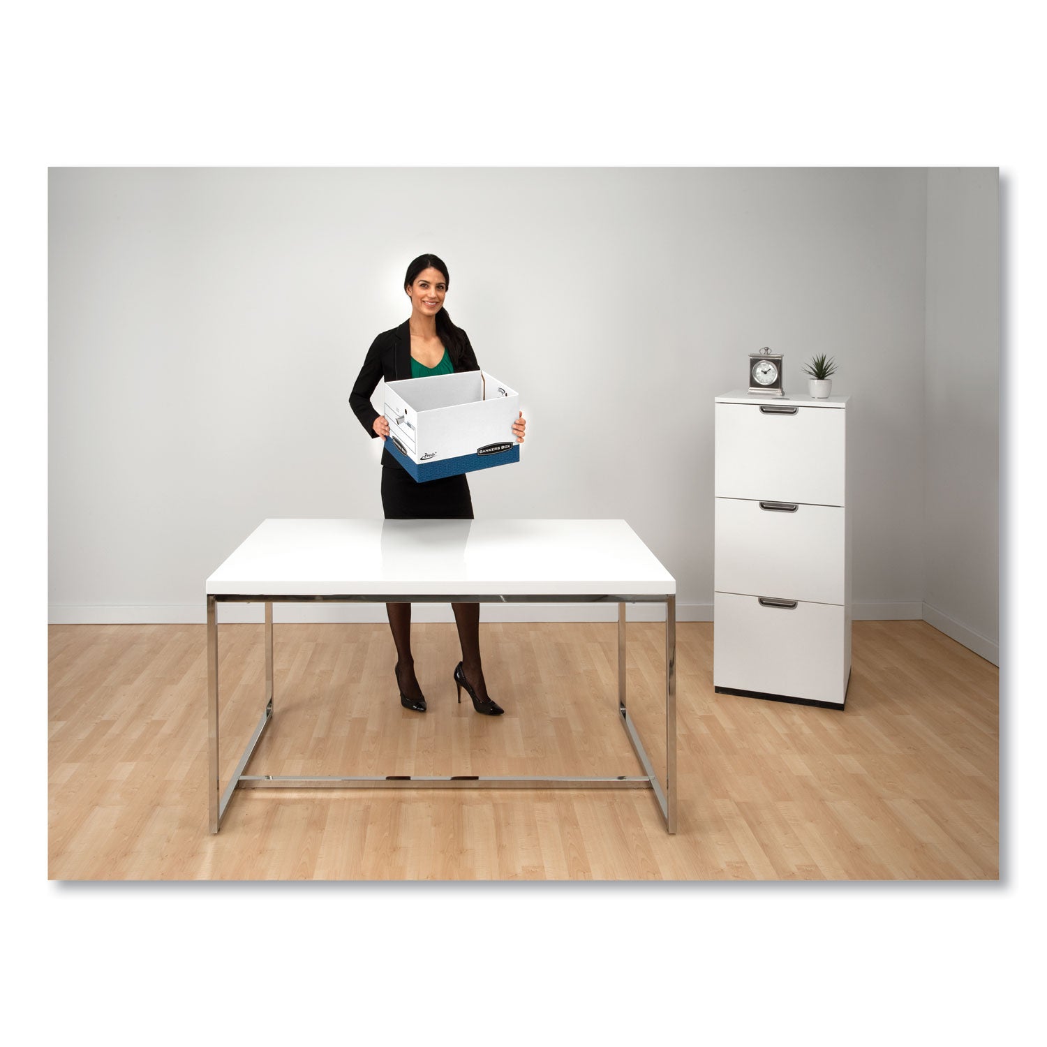 Bankers Box Presto File Storage Box, Heavy Duty, Stackable, Lift-off & Zipper Closure, White/Blue, 12" x 15" x 10" Internal Dimensions, 850 lb Capacity, Recycled, 12/Carton