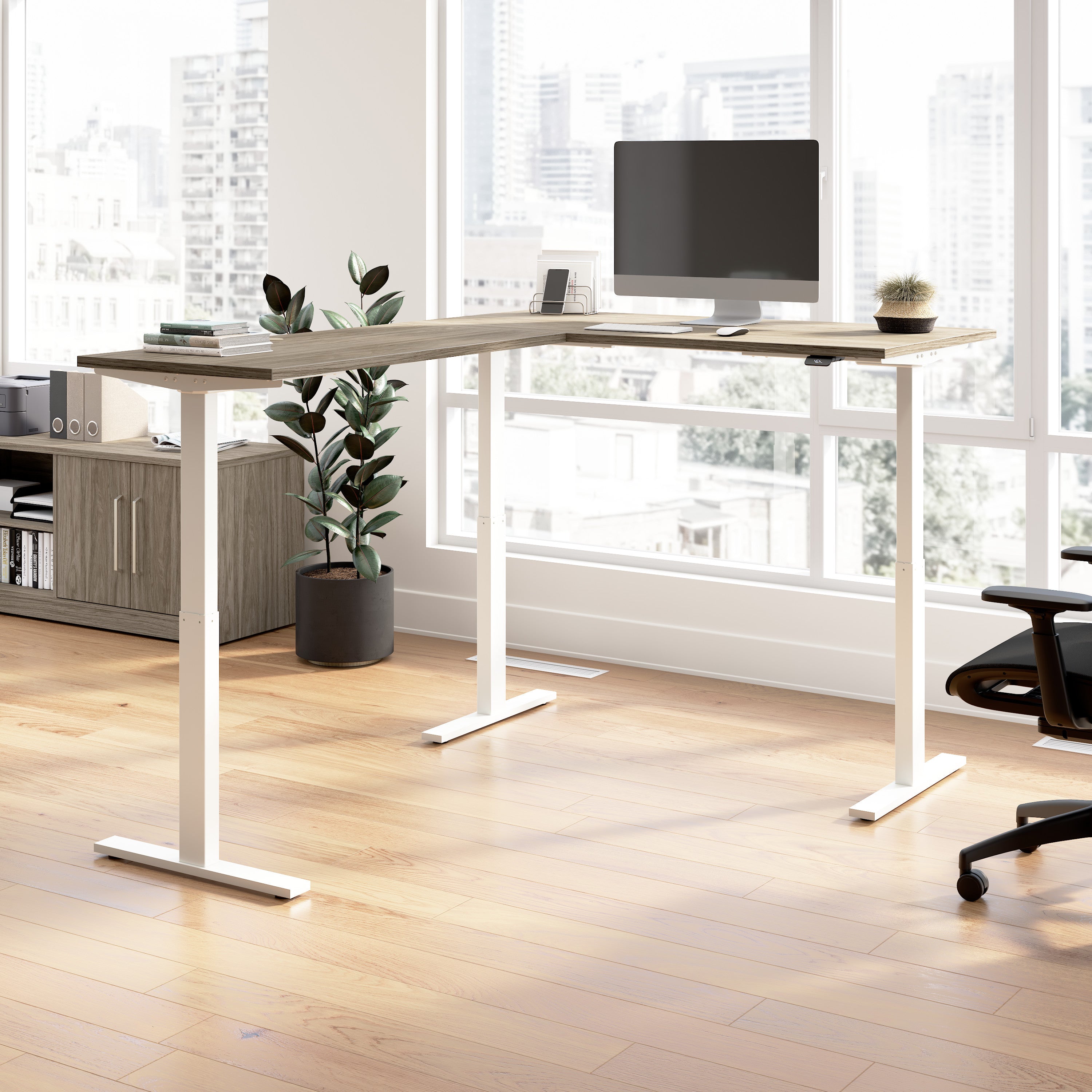 Bush Business Furniture Move 60 Series 60W Height Adjustable L Shaped Standing Desk in Modern Hickory with White Base - 59.45" Width x 76.97" Depth x 27.44" Height