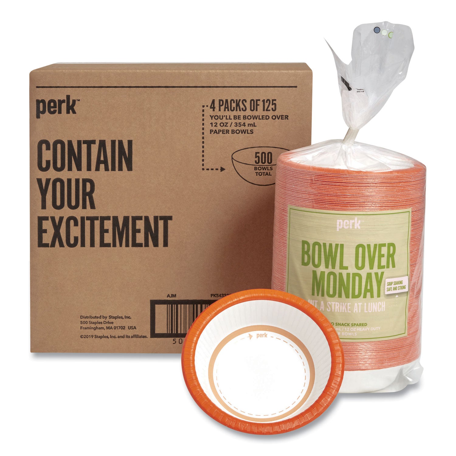 Heavy-Weight Paper Bowls, 12 Oz, White/orange, 125/pack, 4 Packs/carton