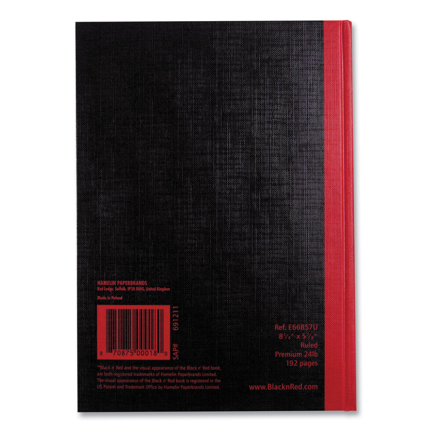 96 Sheets - Sewn - 24 lb Basis Weight - A5 - 5 5/8" x 8 1/4" Sheet Size - White Paper - Red Binding - Black Cover - Ribbon Marker, Hard Cover - 1 Each