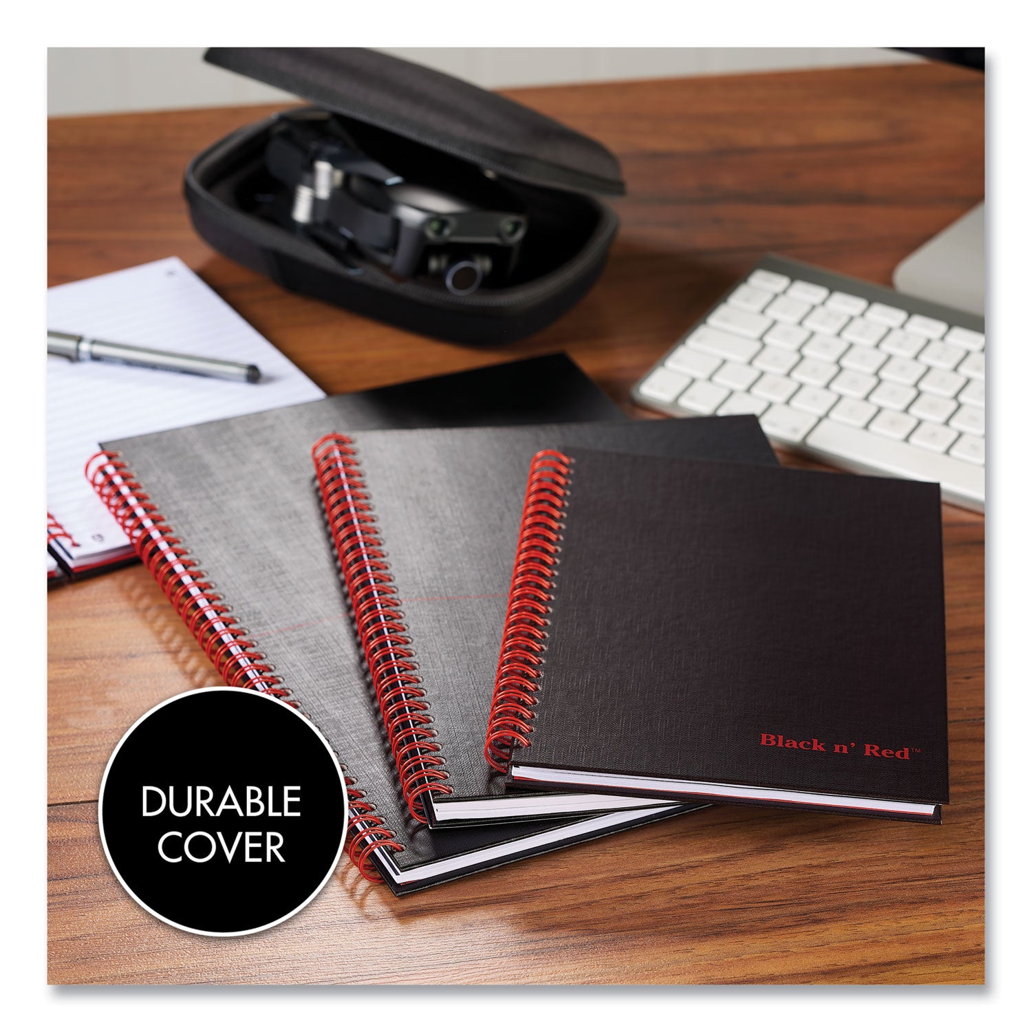70 Sheets - Wire Bound - 24 lb Basis Weight - A5 - 5 7/8" x 8 1/4" Sheet Size - White Paper - Red Binding - Black Cover - Perforated, Wipe-clean Cover, Laminated, Pocket - 1 Each