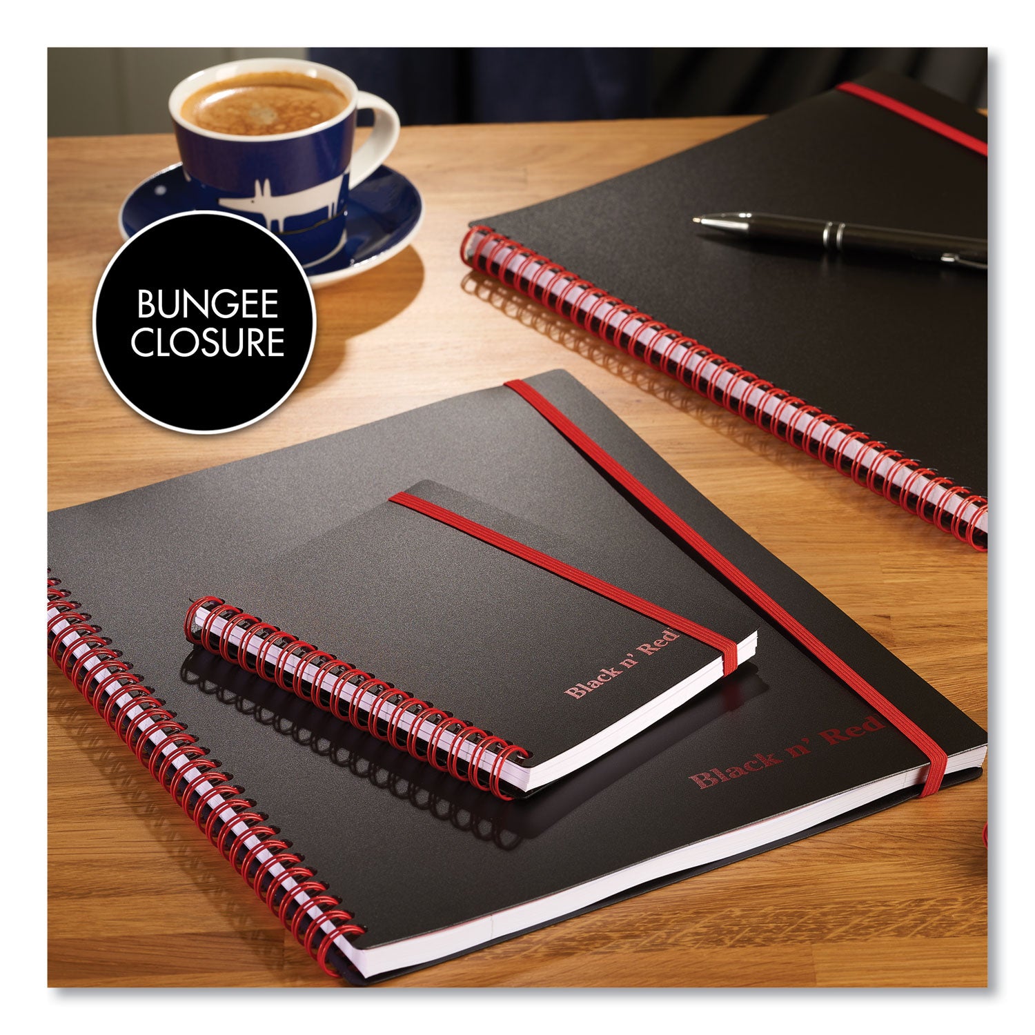 Black n' Red Business Notebook - 70 Sheets - Wire Bound - 24 lb Basis Weight - A5 - 5 7/8" x 8 1/4" Sheet Size - White Paper - Red Binding - Black Polypropylene Cover - Perforated, Wipe-clean Cover, Rigid, Strap, Micro Perforated - 1 Each