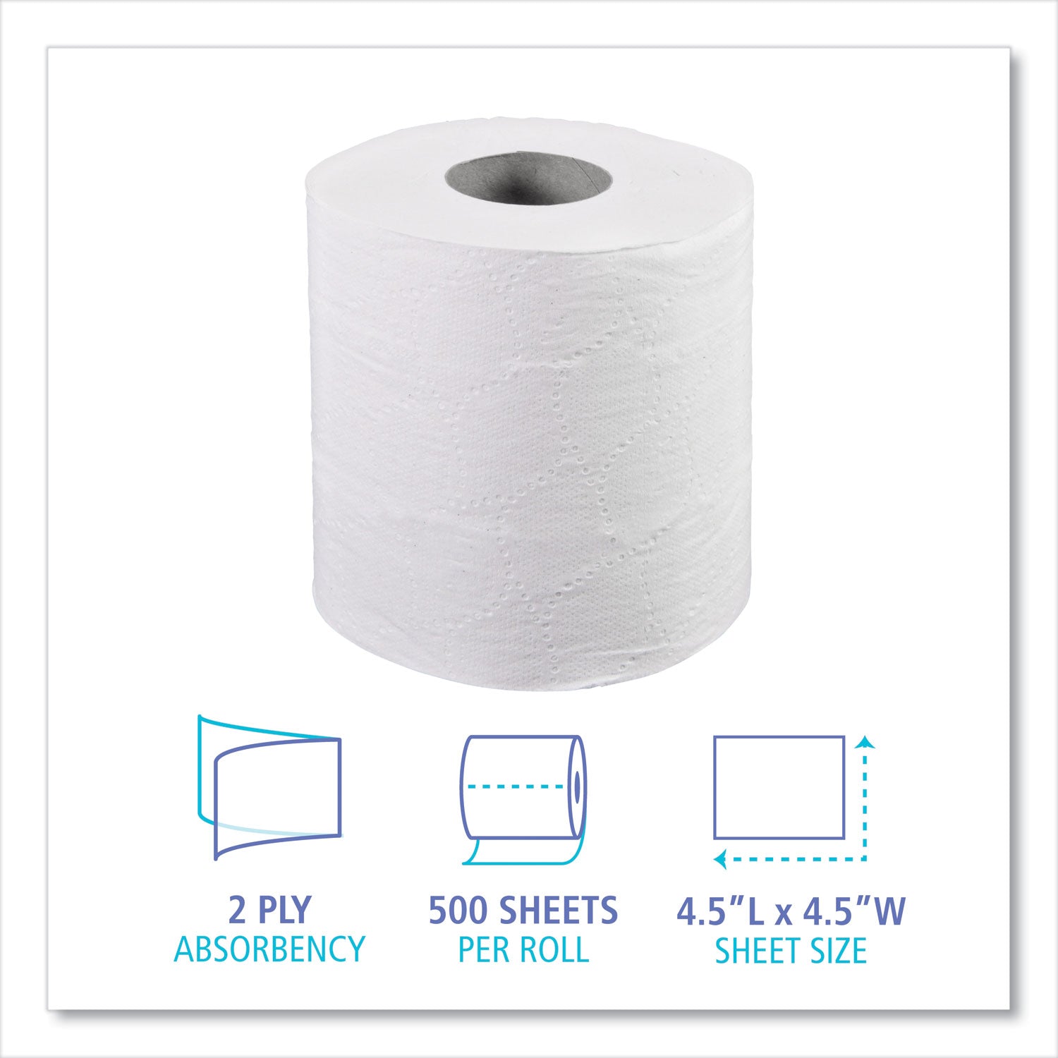 2-Ply Toilet Tissue, Septic Safe, White, 4.5 x 4.5, 500 Sheets/Roll, 96 Rolls/Carton