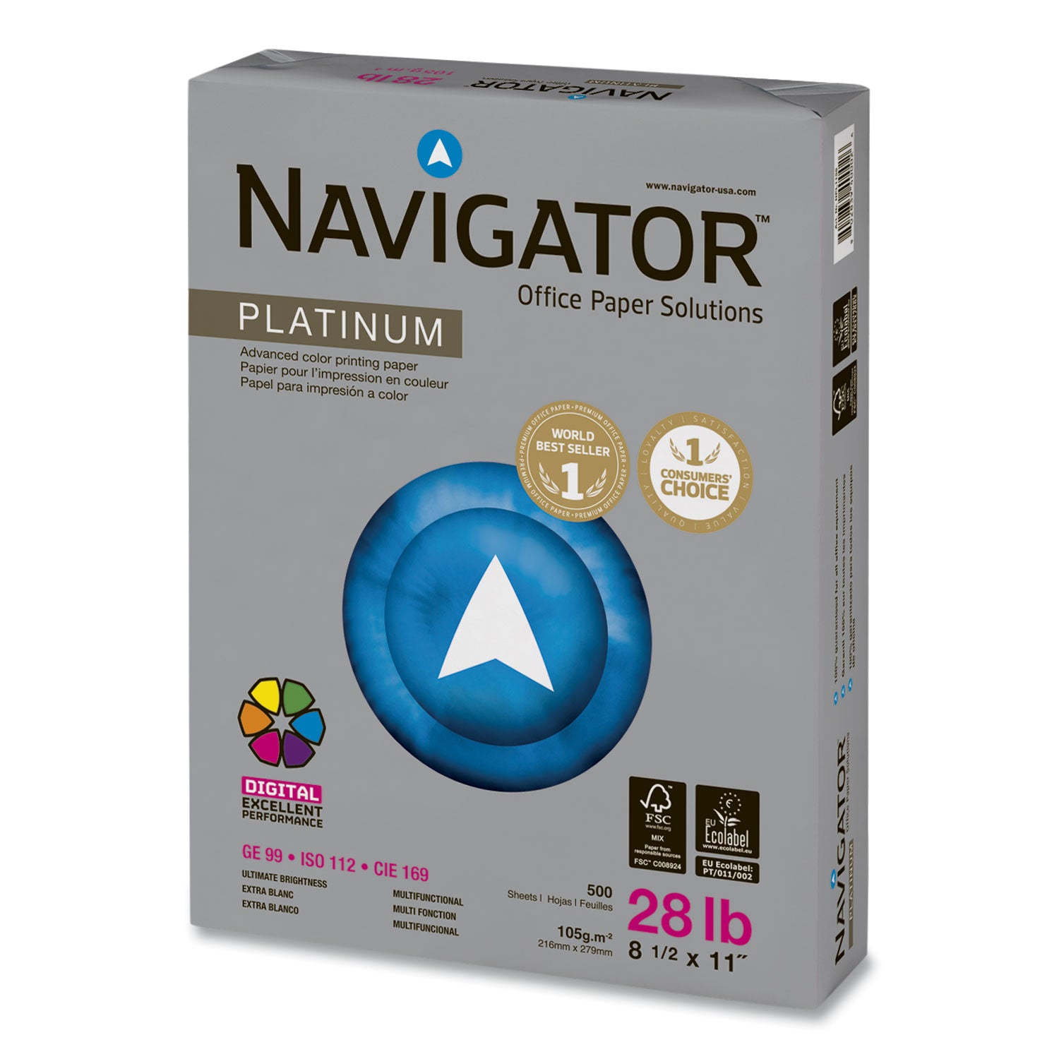 Navigator Platinum Office Multipurpose Paper - Bright White - 99 Brightness - Letter - 8 1/2" x 11" - 28 lb Basis Weight - Smooth - Jam-free - Bright White - 500 Sheets per Ream - 5 / Carton