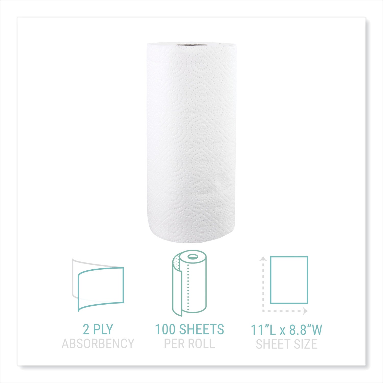 Kitchen Roll Towels, 2-Ply, 11 x 8.8, White, 100/Roll, 30 Rolls/Carton