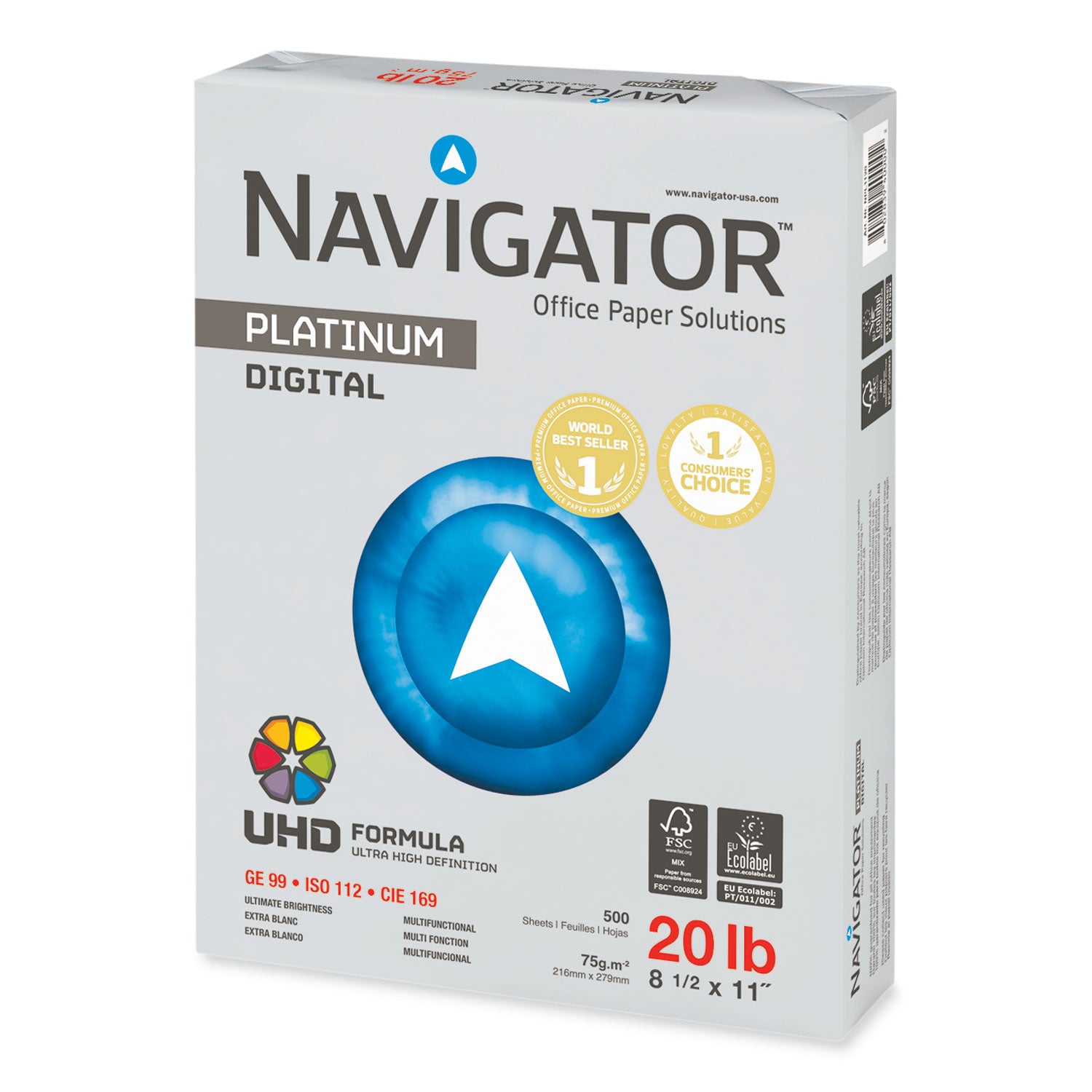 Navigator Platinum Office Multipurpose Paper - Bright White - 99 Brightness - Letter - 8 1/2" x 11" - 20 lb Basis Weight - Smooth - Chlorine-free - Bright White - 500 Sheets per Ream - 10 / Carton
