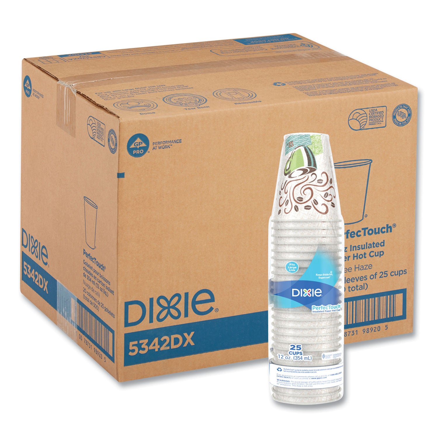 Dixie PerfecTouch 12 oz Insulated Paper Hot Coffee Cups by GP Pro - 12 fl oz - Cone - Coffee Haze - Paper - Hot Drink, Coffee - 25 / Pack