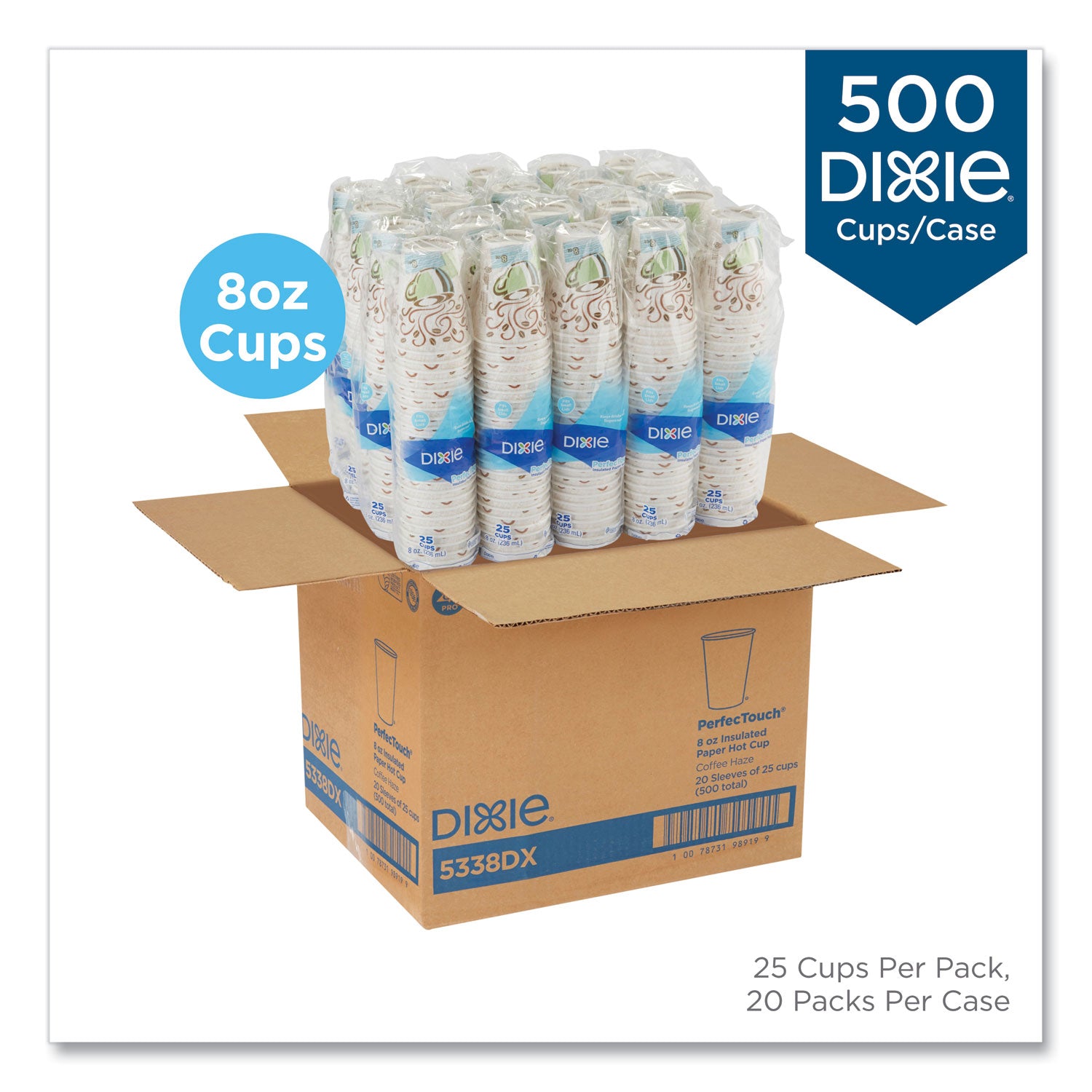 Dixie PerfecTouch 8 oz Insulated Paper Hot Coffee Cups by GP Pro - 8 fl oz - Cone - Coffee Haze - Paper - Hot Drink, Coffee - 25 / Pack