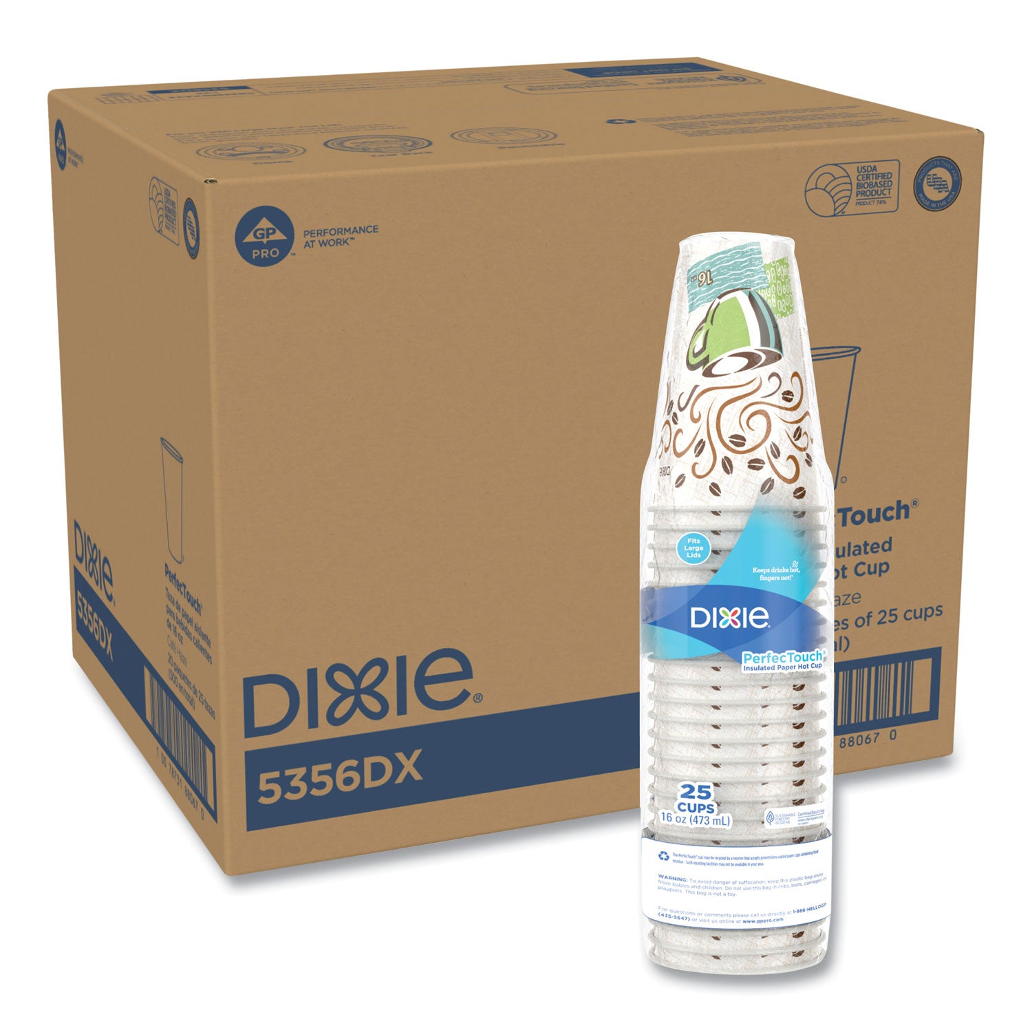 Dixie PerfecTouch 16 oz Insulated Paper Hot Coffee Cups by GP Pro - 16 fl oz - Coffee Haze - Paper - Hot Drink, Coffee - 25 / Pack