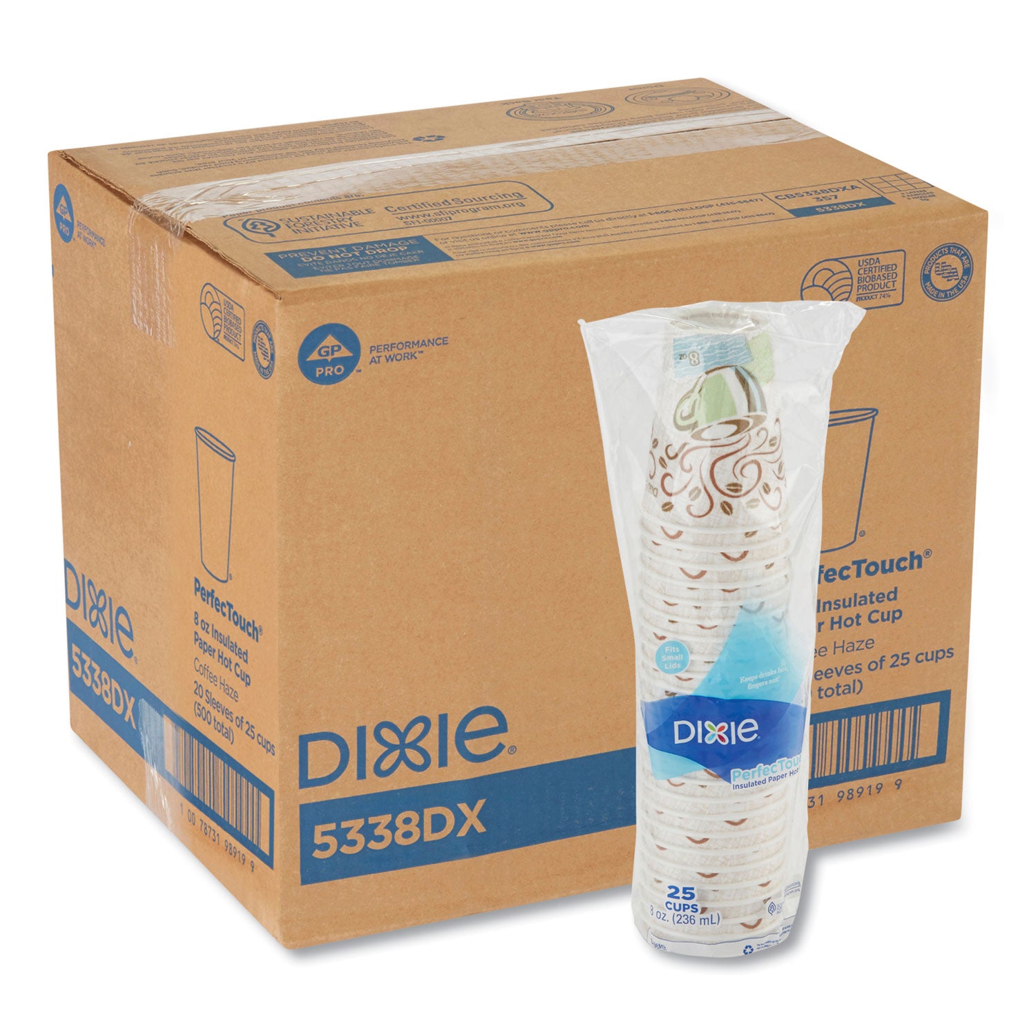 Dixie PerfecTouch 8 oz Insulated Paper Hot Coffee Cups by GP Pro - 8 fl oz - Cone - Coffee Haze - Paper - Hot Drink, Coffee - 25 / Pack