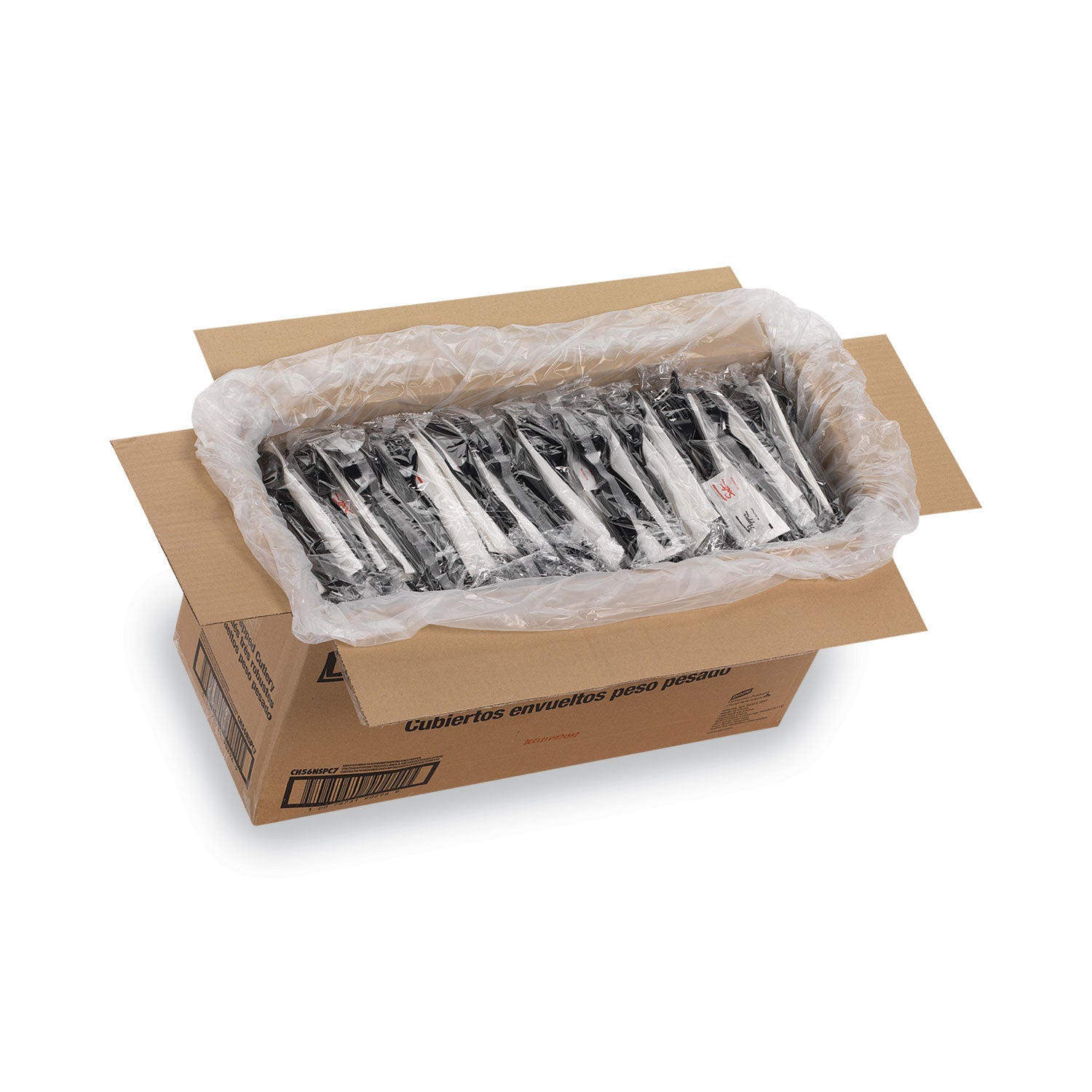 Wrapped Tableware/Napkin Packets, Mediumweight, Fork/Knife/Napkin/Spoon, Plastic, Black, 250/Carton