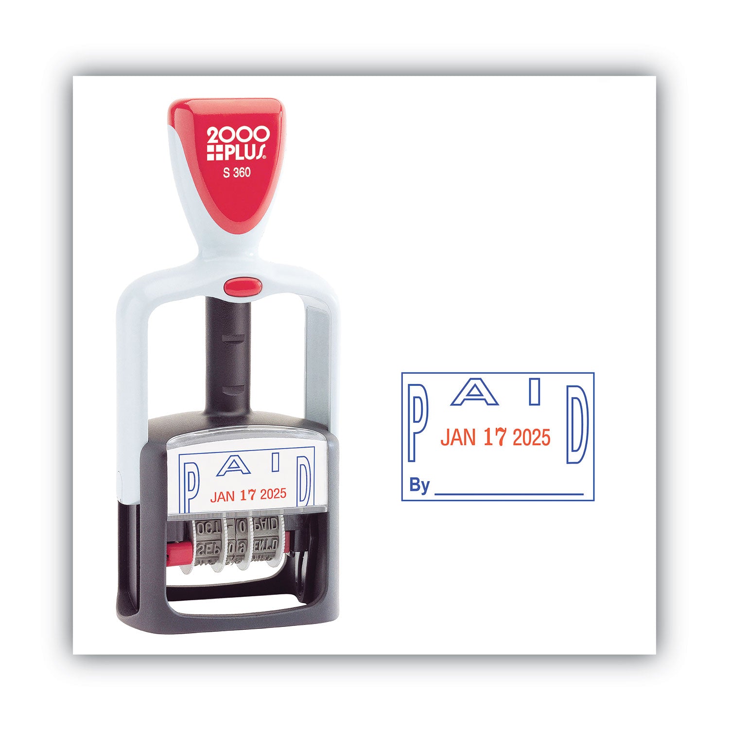 Message/Date Stamp - PAID - 1.25" Impression Width - 5000 Impression(s) - 4 Bands - Blue, Red - Acrylonitrile Butadiene Styrene (ABS), Plastic - 1 Each