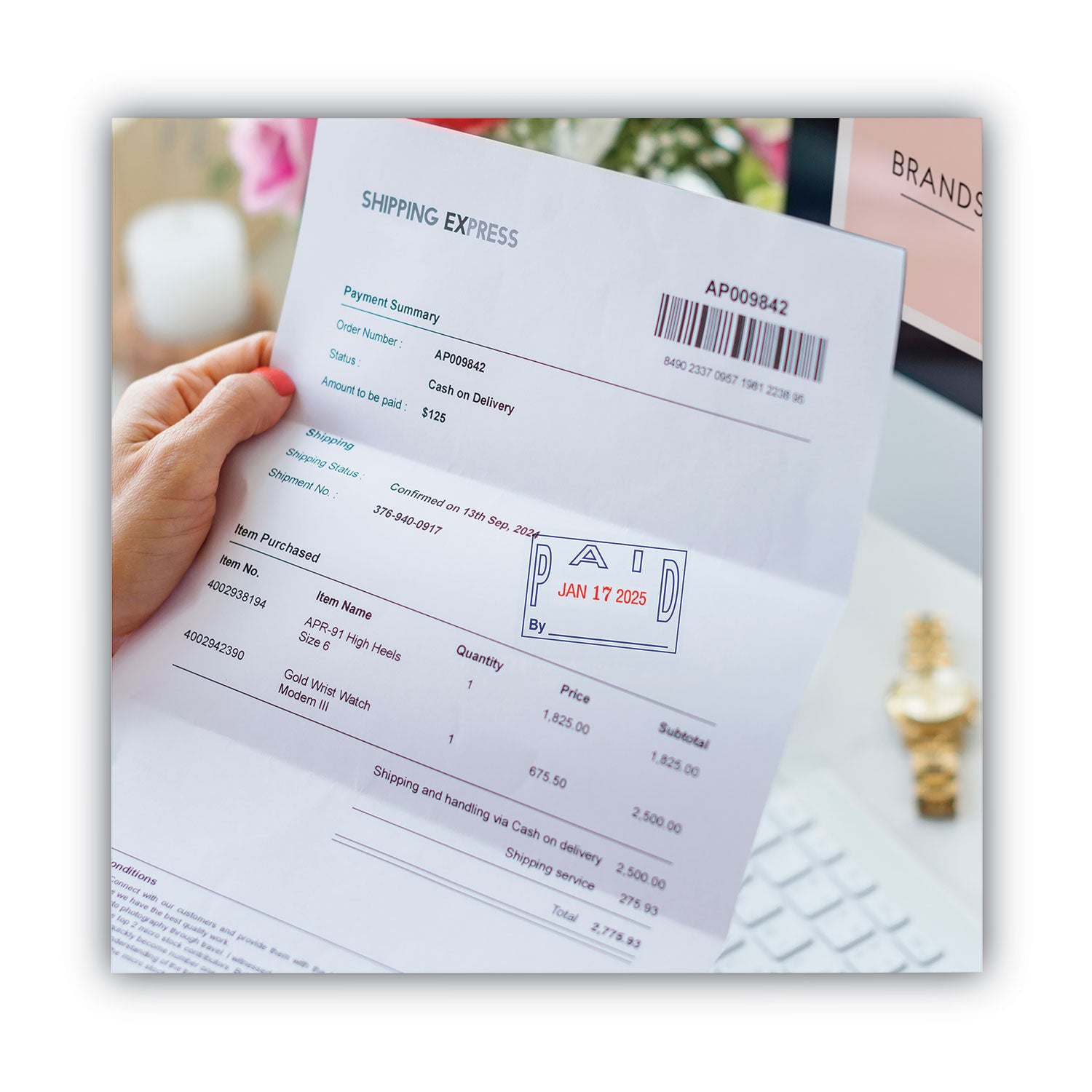 Message/Date Stamp - PAID - 1.25" Impression Width - 5000 Impression(s) - 4 Bands - Blue, Red - Acrylonitrile Butadiene Styrene (ABS), Plastic - 1 Each