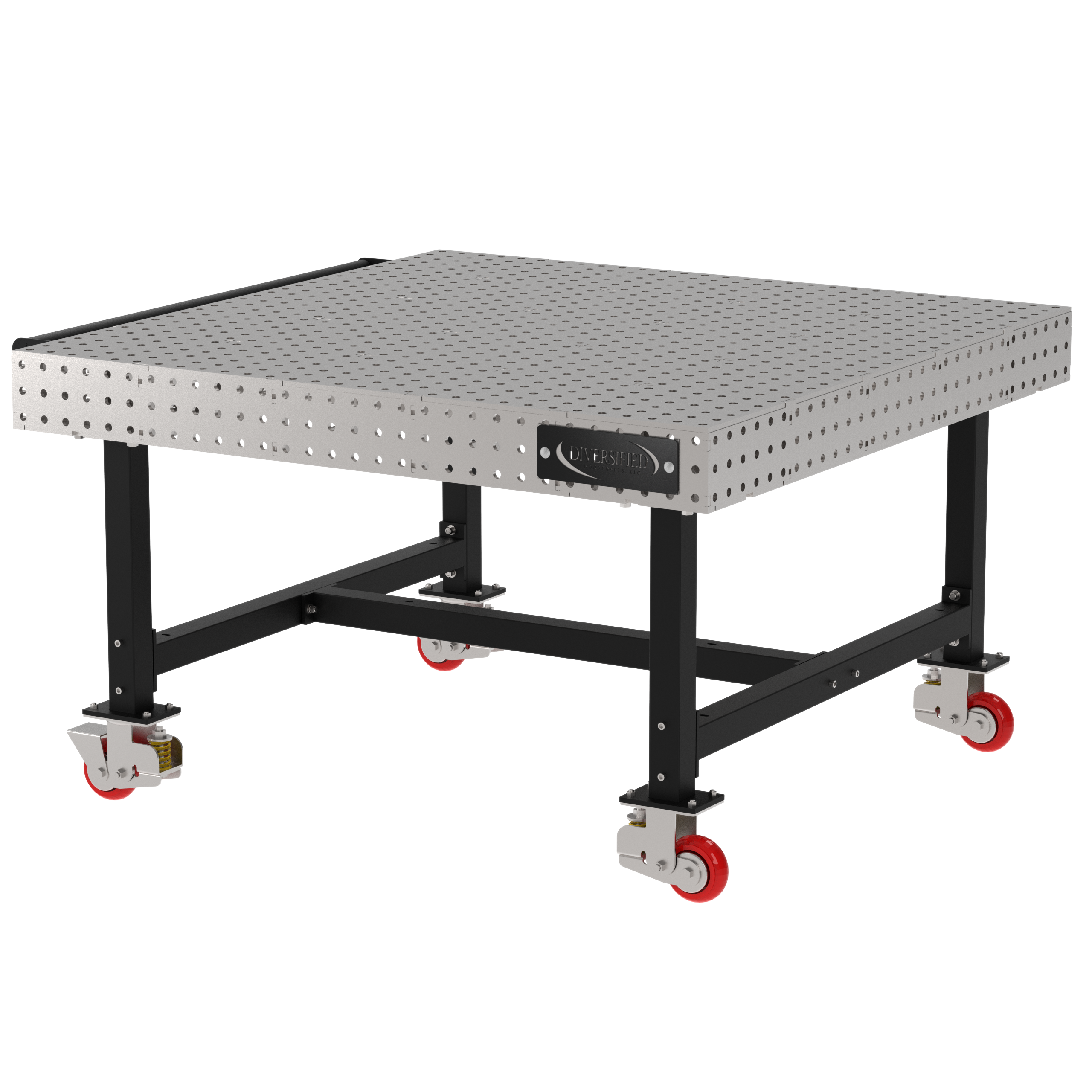 Welding Fixture Table, Fixed Height, 36"H x 60"L x 60"D, 1/4" Carbon Steel Top, Four Black Powdercoat Legs, Handle, 4 Heavy Duty Suspension Casters (2 Locking/Swiveling Casters and 2 Non-Locking/Non-SwivelingCasters)