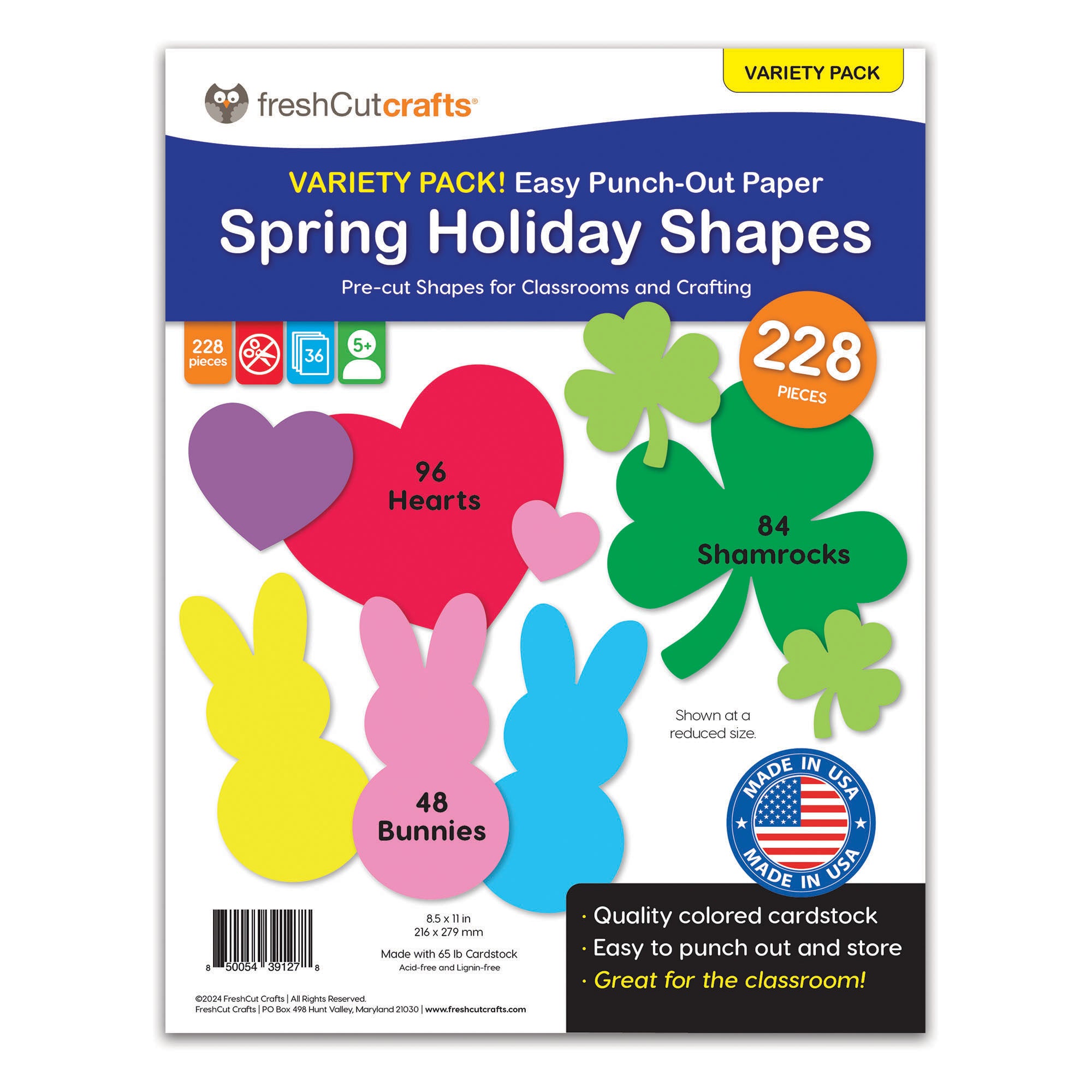 Punch Out Paper Cutouts, Spring Holiday Shapes, Valentine Hearts, Shamrocks & Easter Bunny, 228 Pieces
