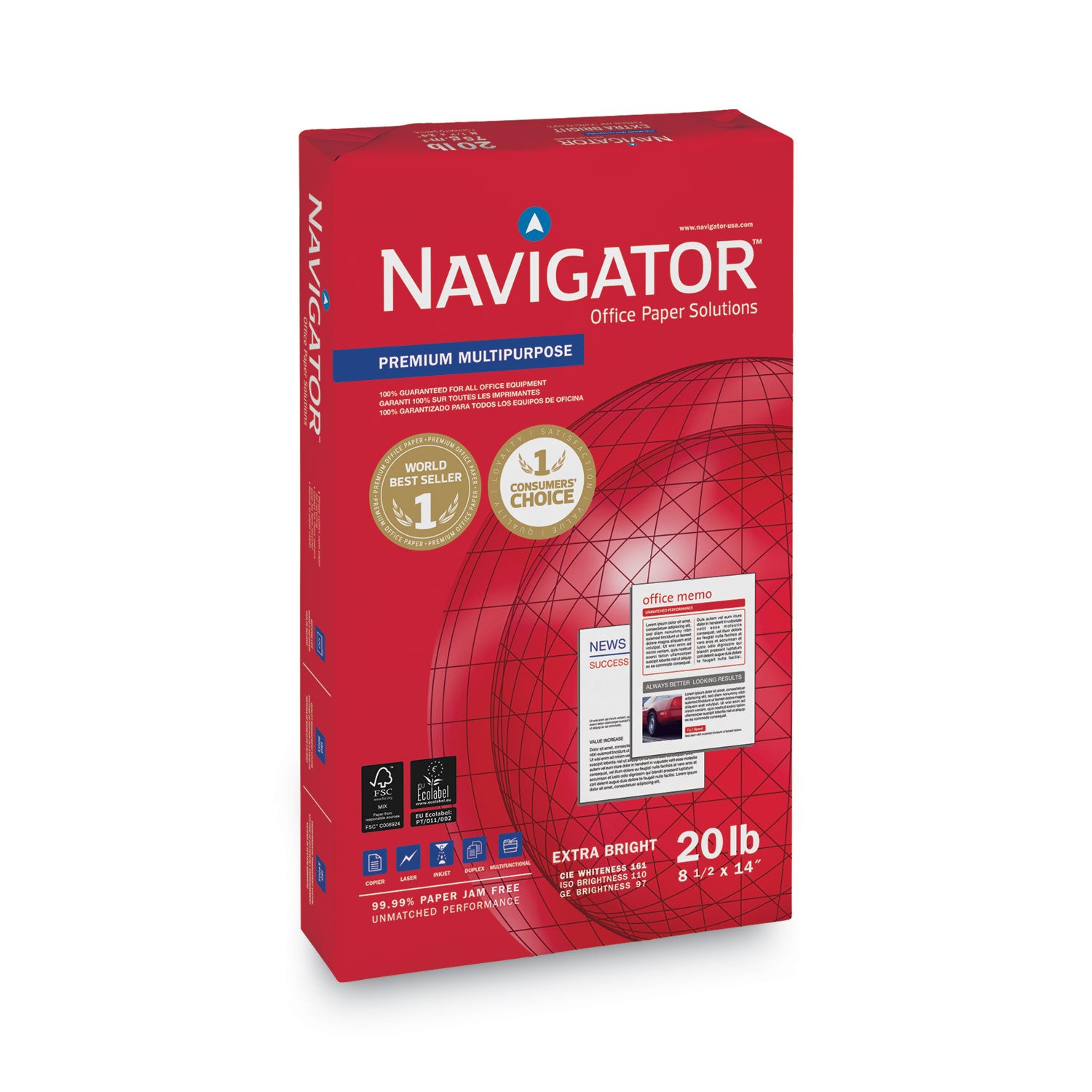 Navigator Premium Multipurpose Trusted Performance Paper - Extra Opacity - White - 97 Brightness - Legal - 8 1/2" x 14" - 20 lb Basis Weight - White - 500 Sheets per Ream - 10 / Carton