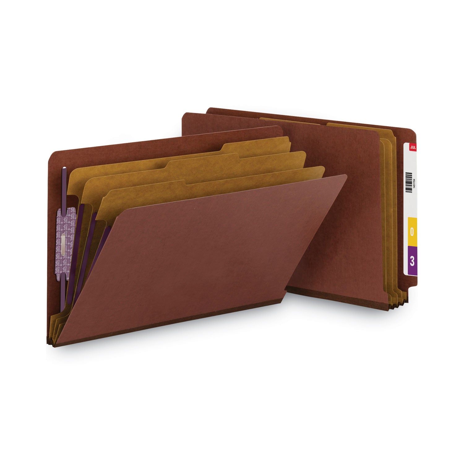 Smead 1/3 Tab Cut Legal Recycled Classification Folder - 8 1/2" x 14" - 3" Expansion - 2 x 2S Fastener(s) - 2" for Folder, 1" for Divider - End Tab Location - 3 Divider(s) - 25 pt. - Pressboard - Red - Rounded Corner - 60% Recycled - 10 / Box