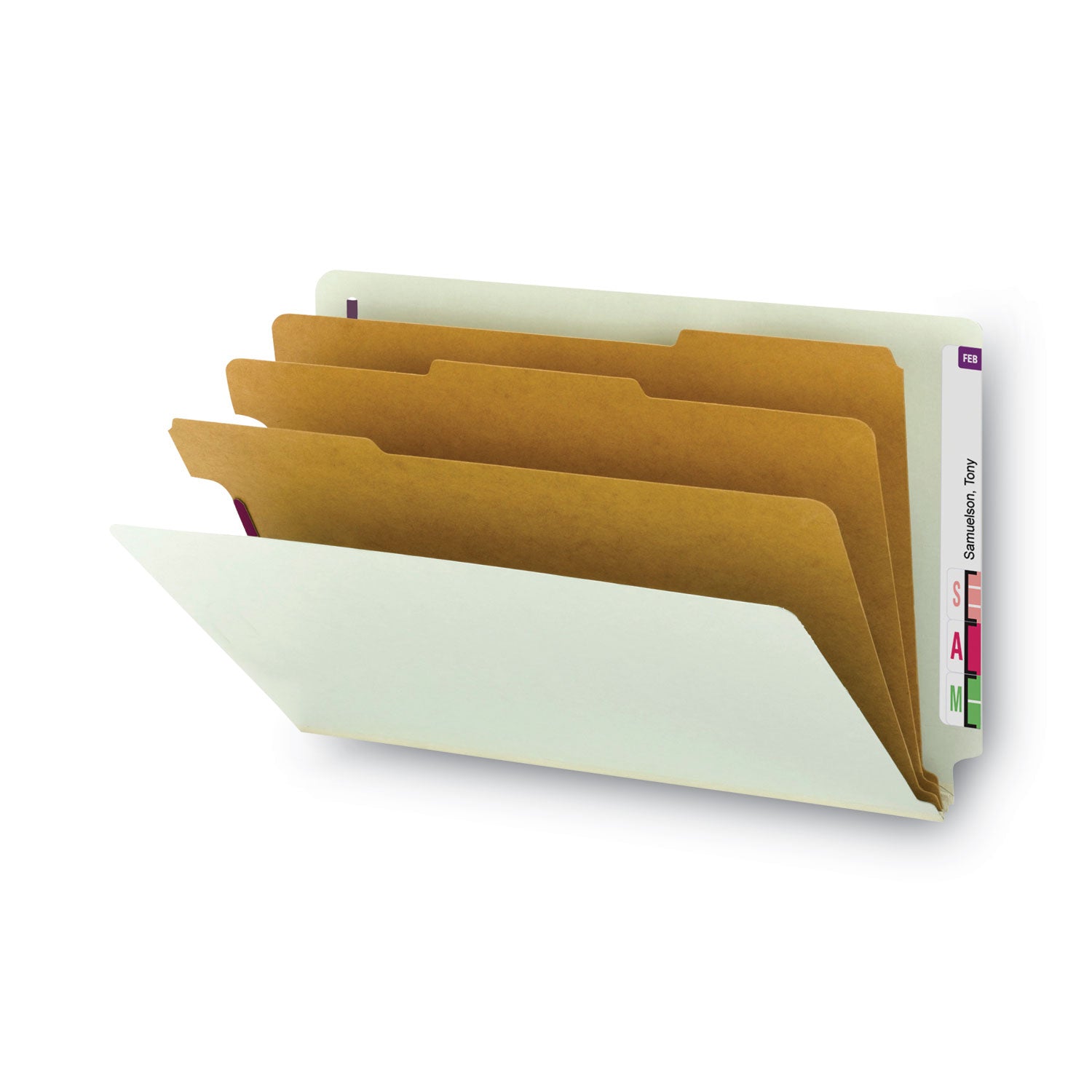 Smead 1/3 Tab Cut Legal Recycled Classification Folder, 8.5" x 14", 3" Expansion, 2 Fasteners, 3 Dividers, Pressboard, Gray/Green, Rounded Corner, 100% Recycled, 10/Box