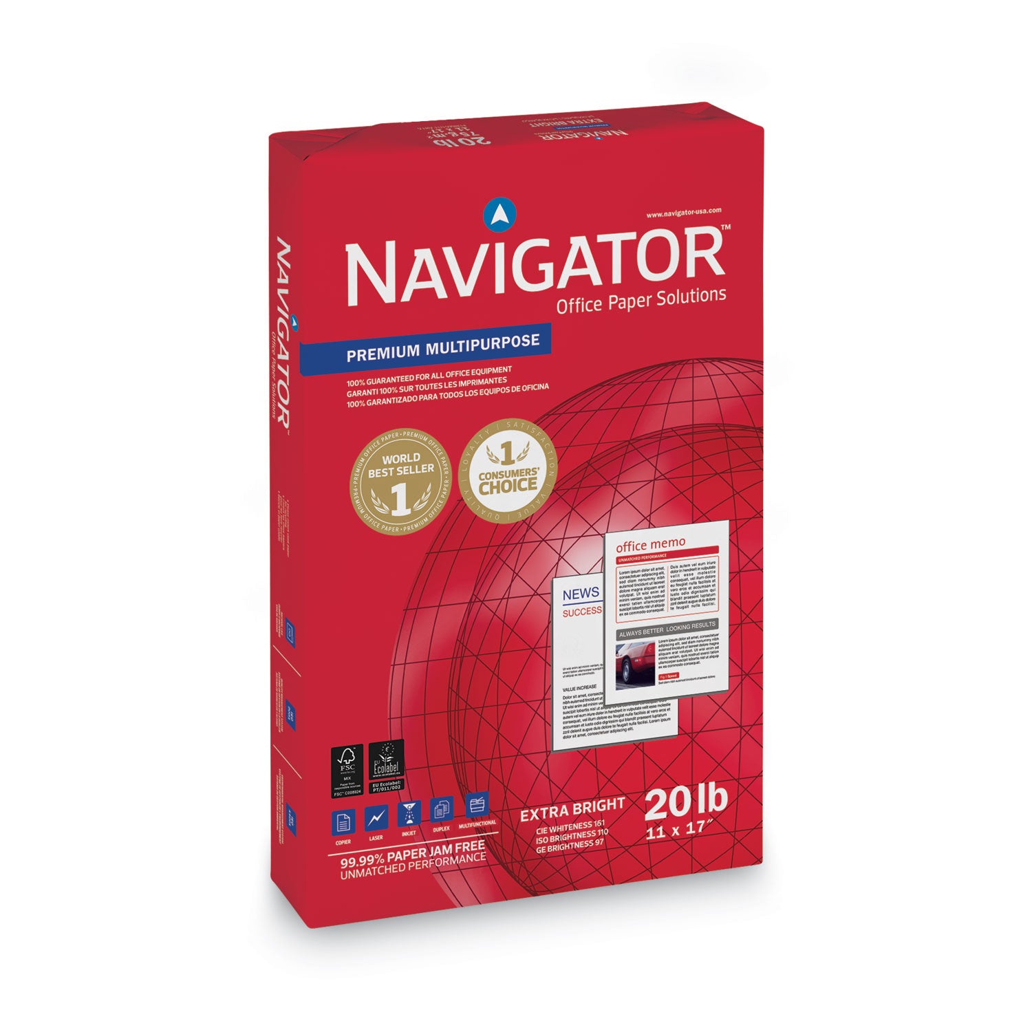 Navigator Premium Multipurpose Trusted Performance Paper - Extra Opacity - White - 97 Brightness - 11" x 17" - 20 lb Basis Weight - Smooth - Jam-free - White - 500 Sheets per Ream - 5 / Carton