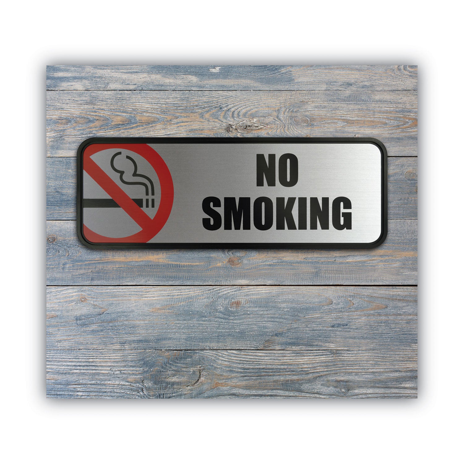 Print/Message "No Smoking" - 9" Width x 3" Height - Rectangular Shape - Office - Metal - Black - 1 Each
