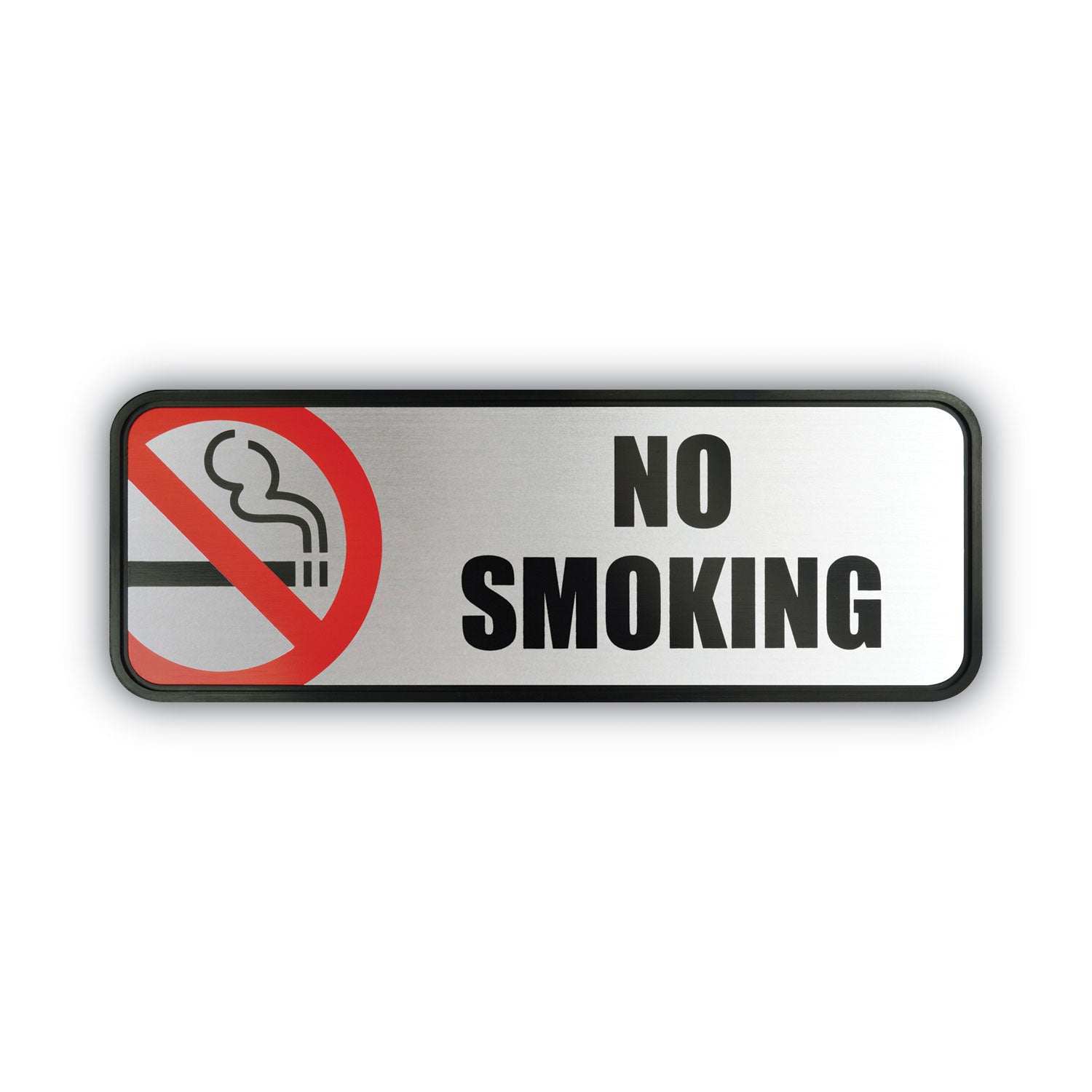 Print/Message "No Smoking" - 9" Width x 3" Height - Rectangular Shape - Office - Metal - Black - 1 Each