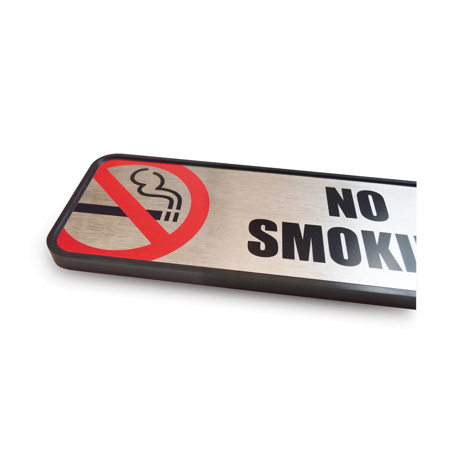 Print/Message "No Smoking" - 9" Width x 3" Height - Rectangular Shape - Office - Metal - Black - 1 Each